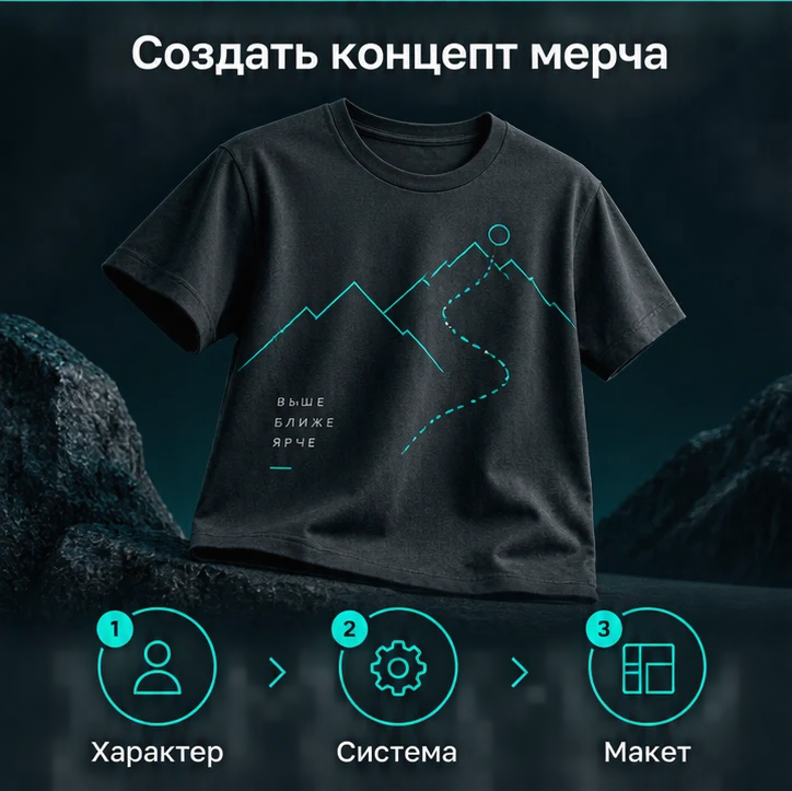 Создать концепт мерча с ИИ: Характер → Система → Макет