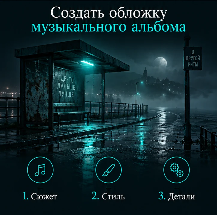 Создать обложку музыкального альбома: Сюжет → Стиль → Детали