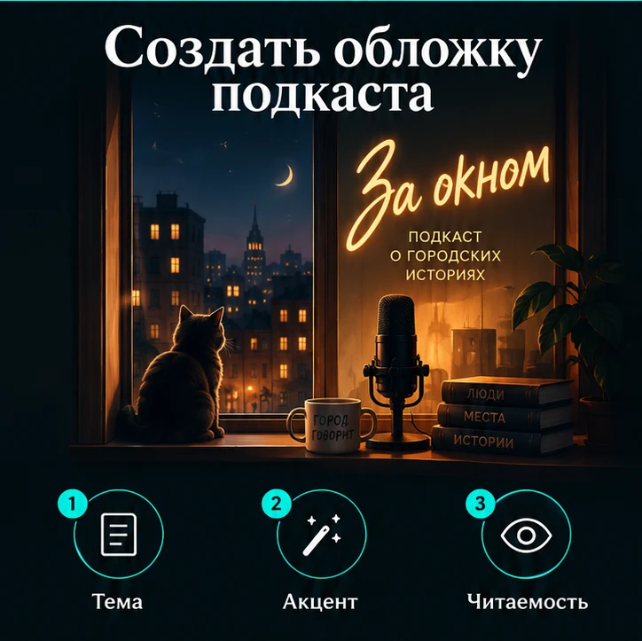 Создать обложку подкаста с ИИ: Тема → Акцент → Читаемость