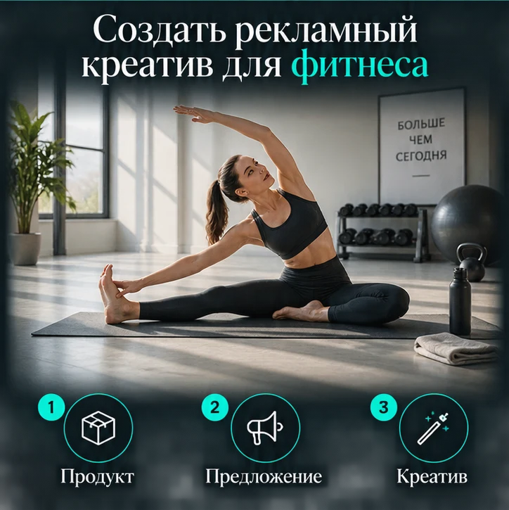 Создать рекламный креатив для фитнеса: Продукт → Предложение → Креатив