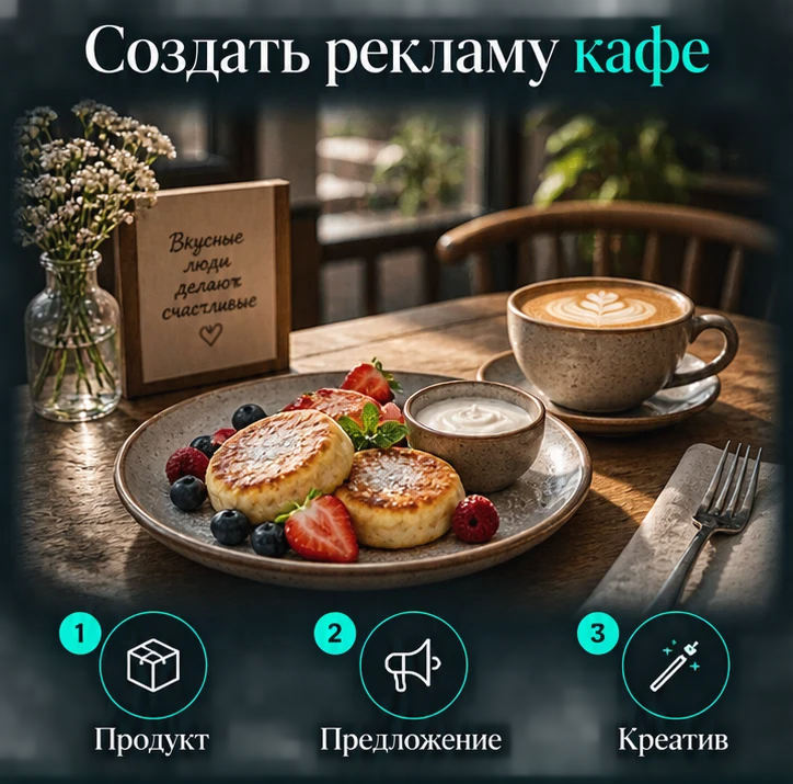 Создать рекламу кафе с ИИ: Продукт → Предложение → Креатив