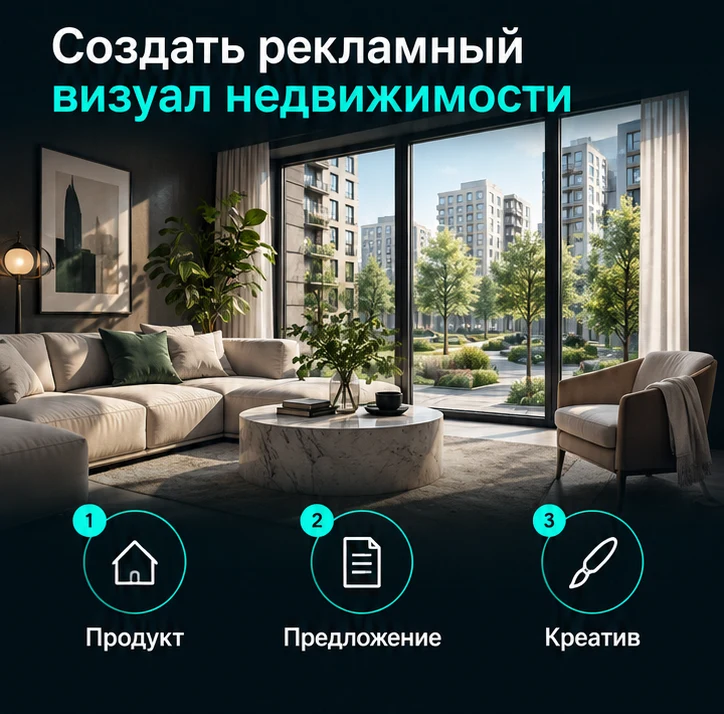 Создать рекламный визуал недвижимости: Продукт → Предложение → Креатив