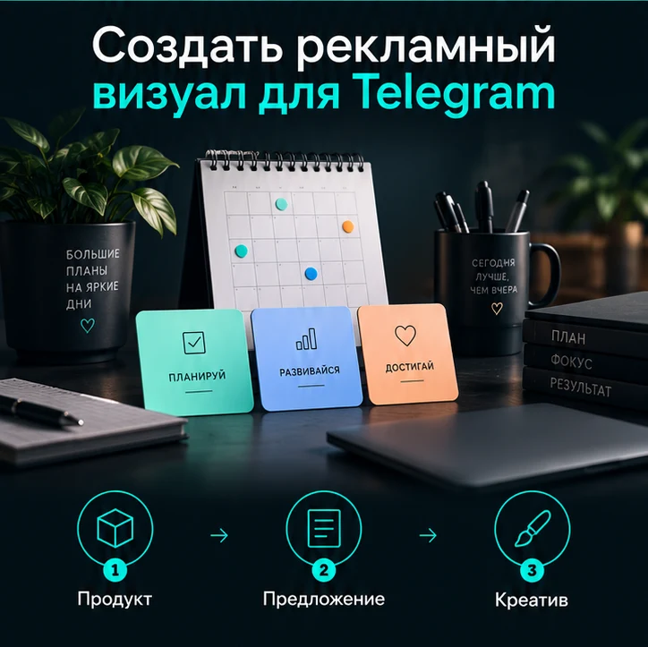 Создать рекламный визуал для Telegram: Продукт → Предложение → Креатив