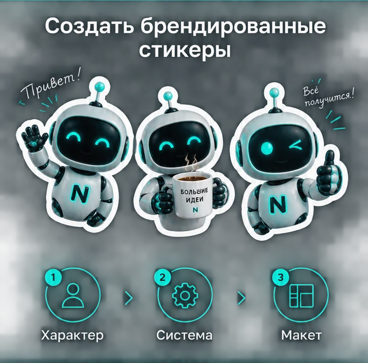 Создать брендированные стикеры с ИИ: Характер → Система → Макет