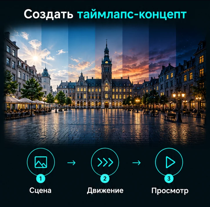 Создать таймлапс-концепт с ИИ: Сцена → Движение → Просмотр