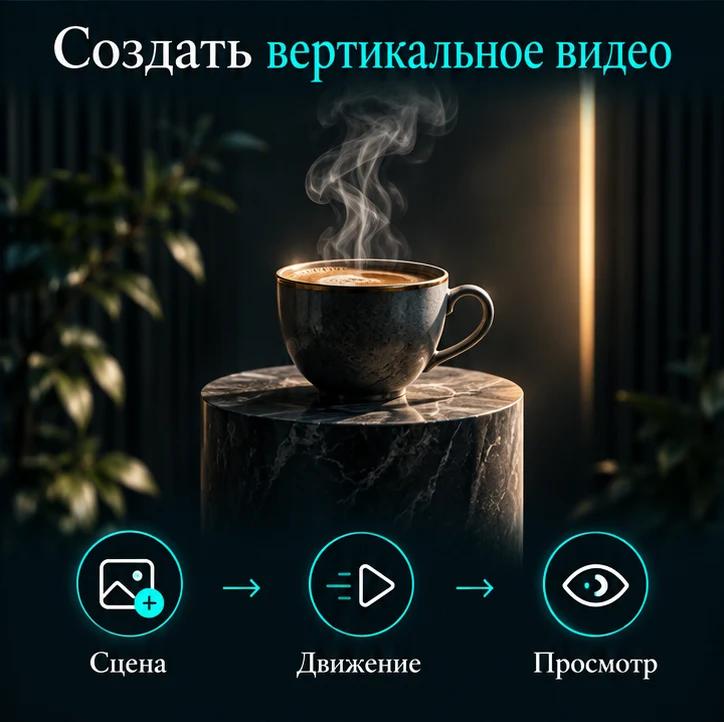Создать вертикальное видео с ИИ: Сцена → Движение → Просмотр