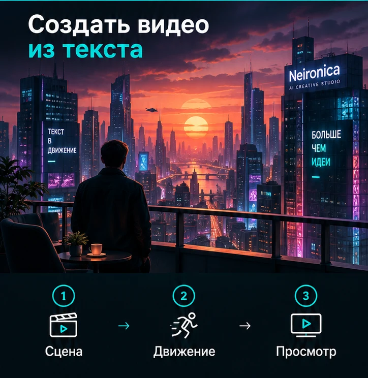 Создать видео из текста с ИИ: Сцена → Движение → Просмотр
