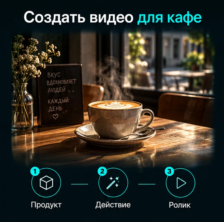 Создать видео для кафе с ИИ: Продукт → Действие → Ролик