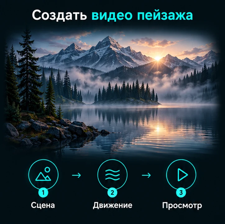 Создать видео пейзажа с ИИ: Сцена → Движение → Просмотр
