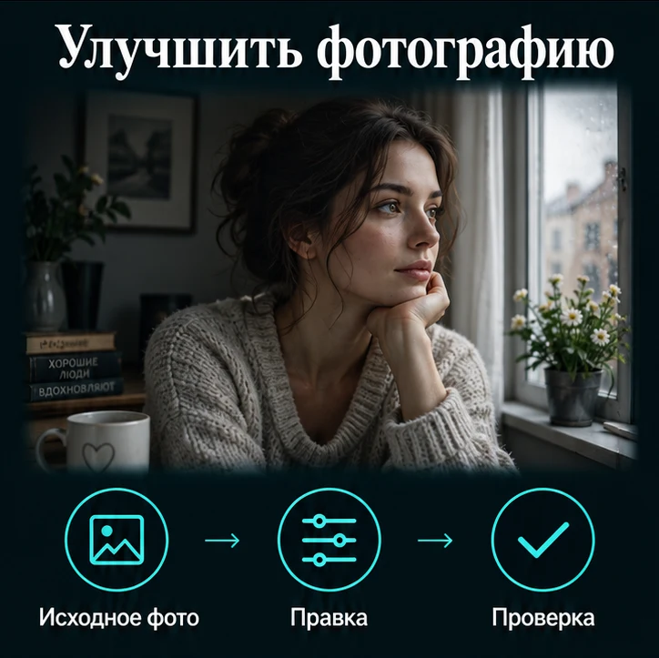 Улучшить фотографию с помощью ИИ: Исходное фото → Правка → Проверка