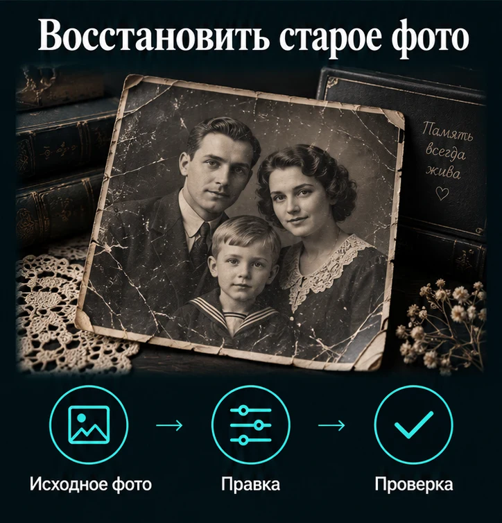 Восстановить старое фото с ИИ: Исходное фото → Правка → Проверка