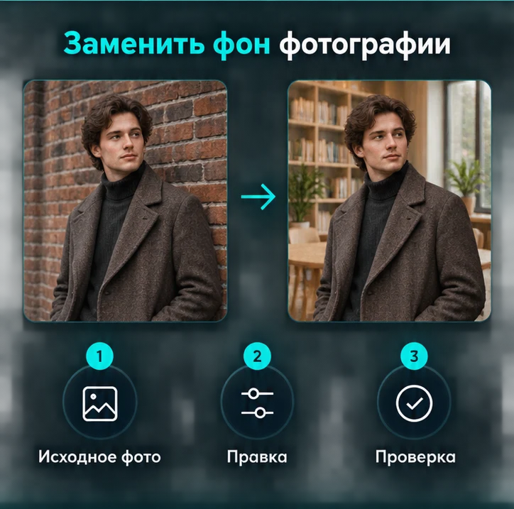 Заменить фон фотографии с ИИ: Исходное фото → Правка → Проверка