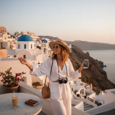 AI travel фотосессия — lifestyle портрет блогера на фоне экзотического пейзажа