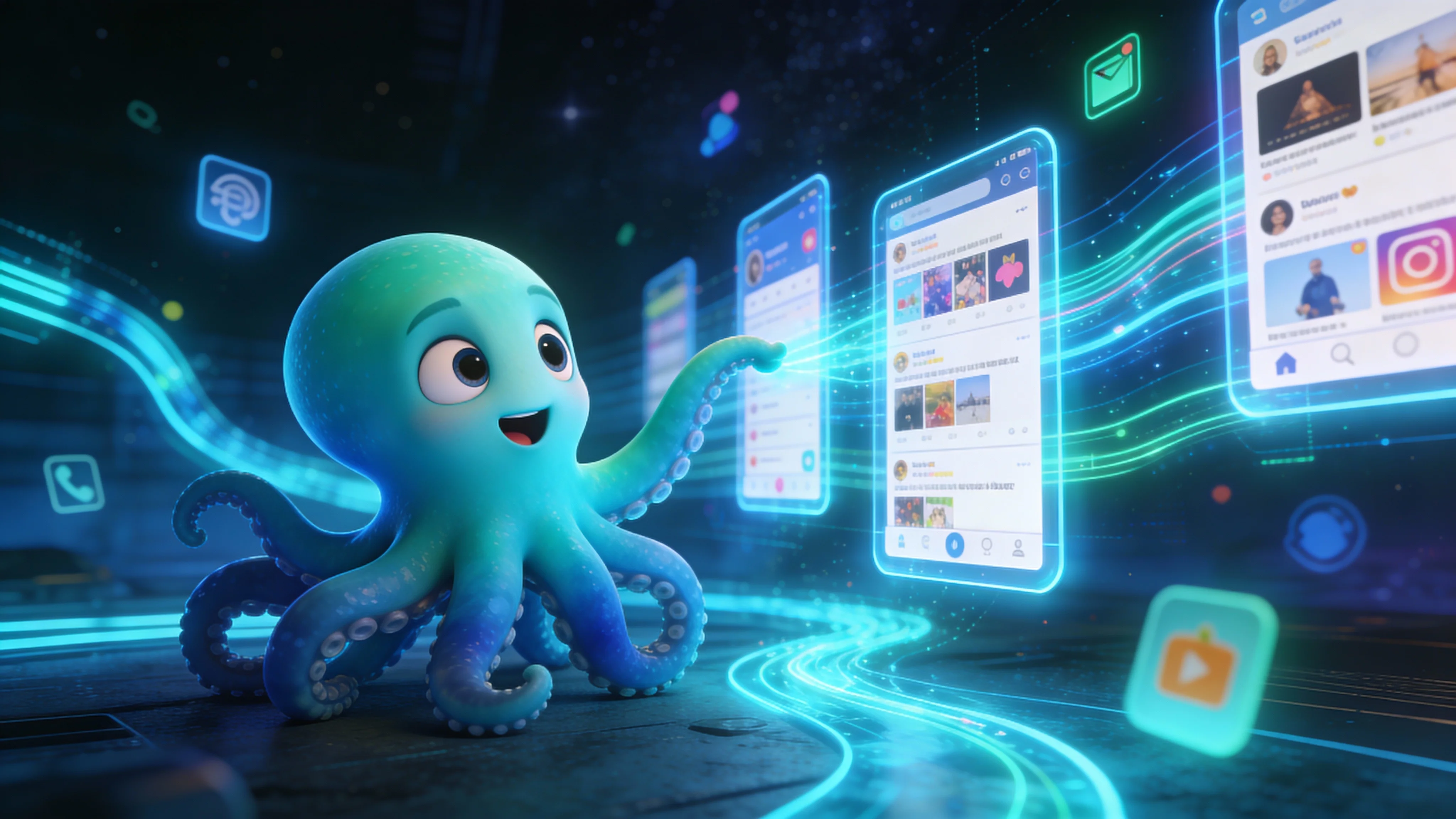 Осьминог настраивает парсинг источников на футуристической панели управления