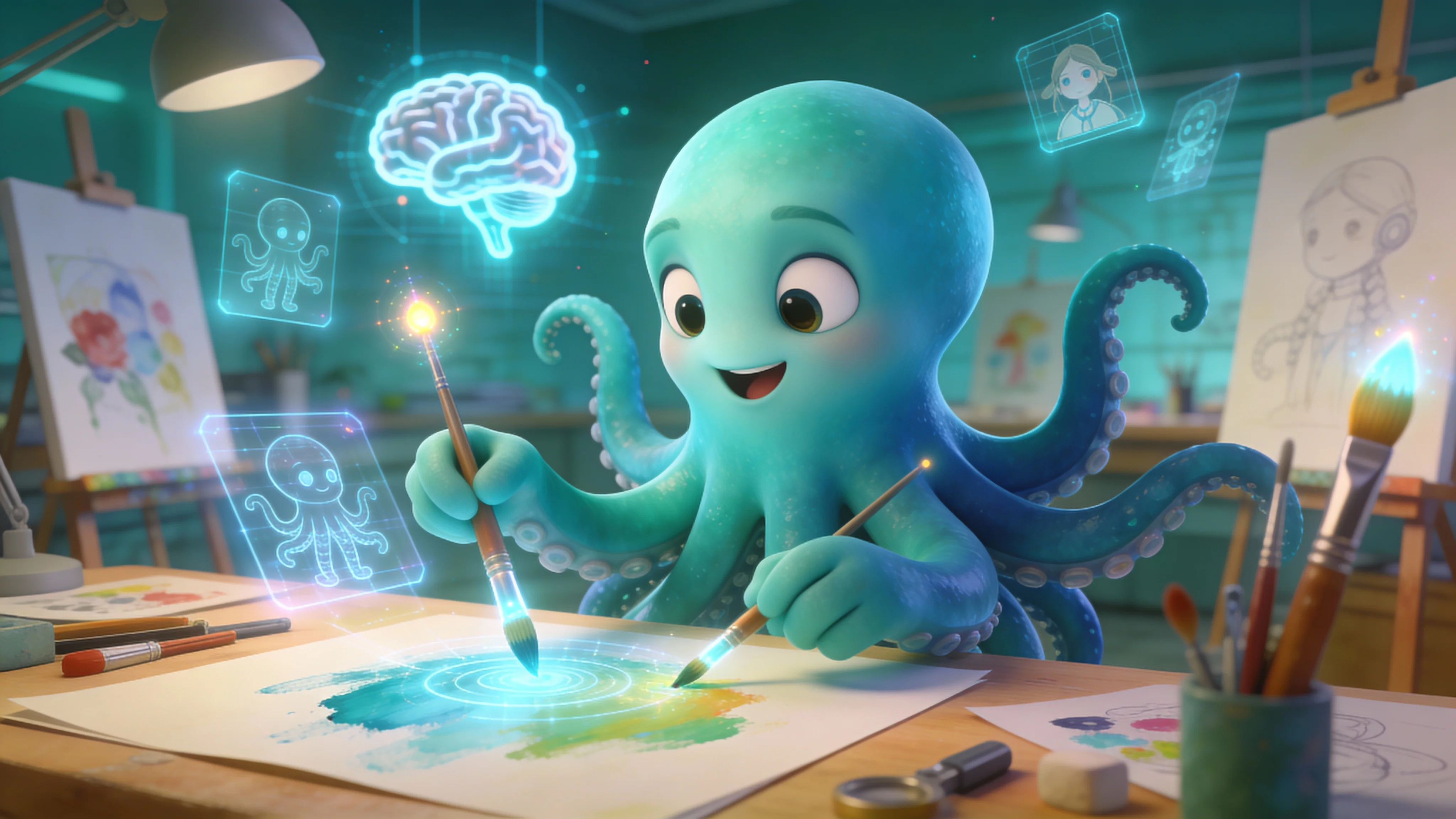 Осьминог создаёт картинки с персонажем в голографическом редакторе