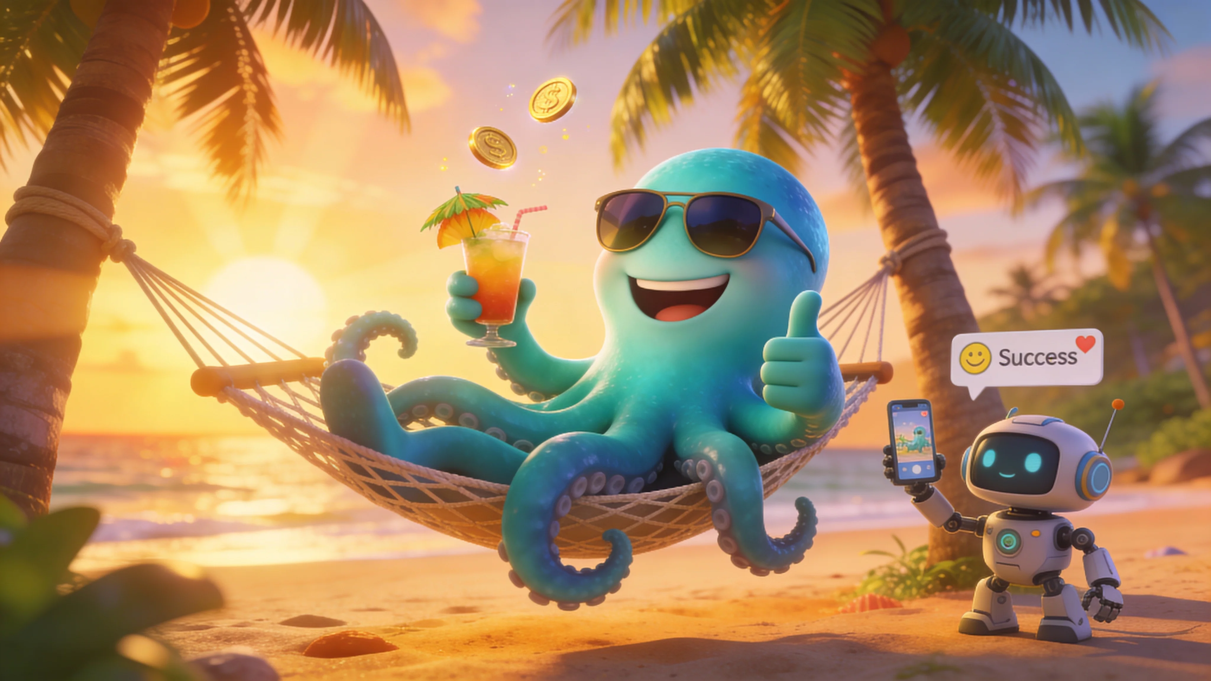 Осьминог отдыхает на пляже пока роботы публикуют контент