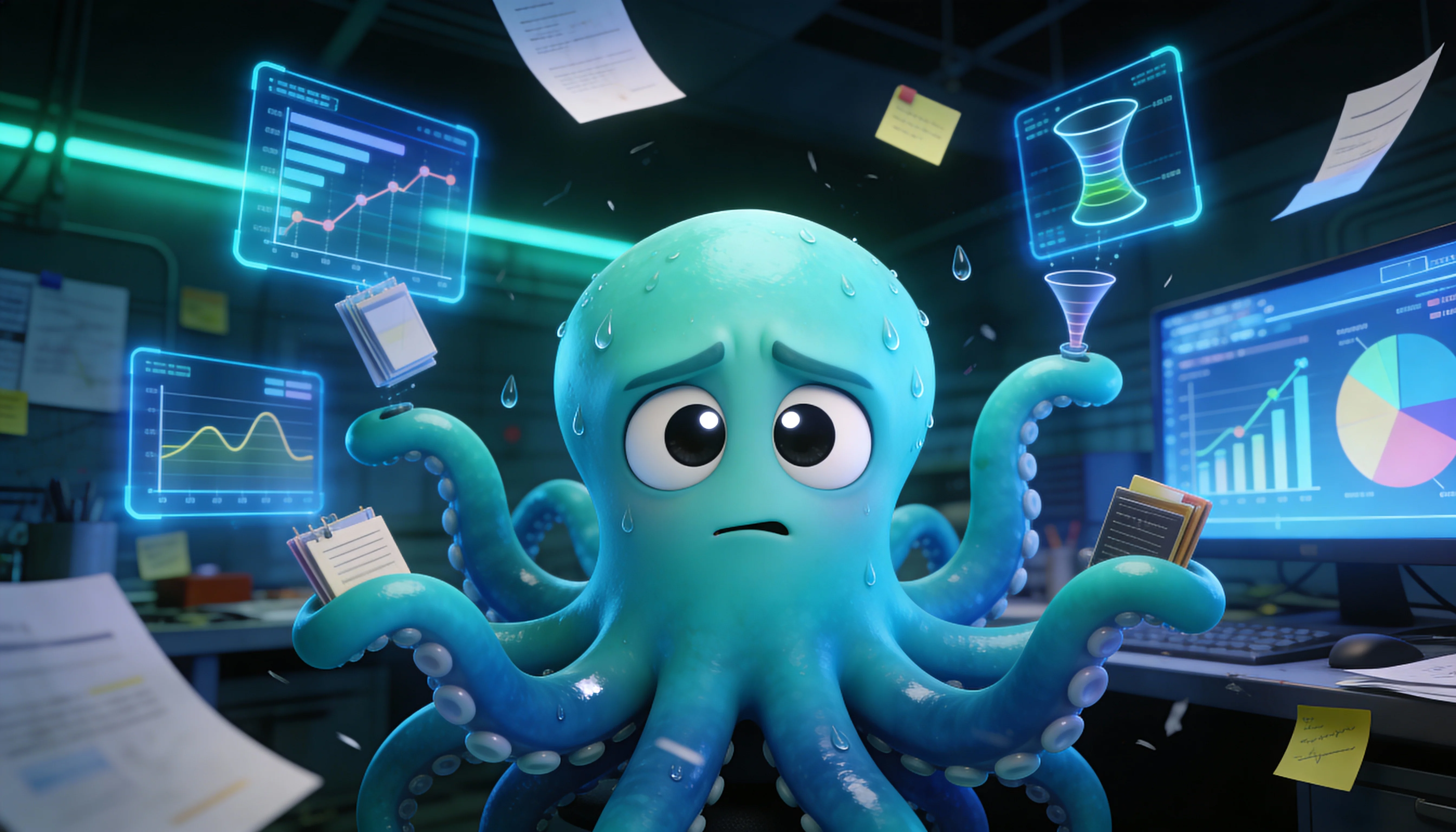 Осьминог Октавио изучает различные типы инфографики на голографическом экране