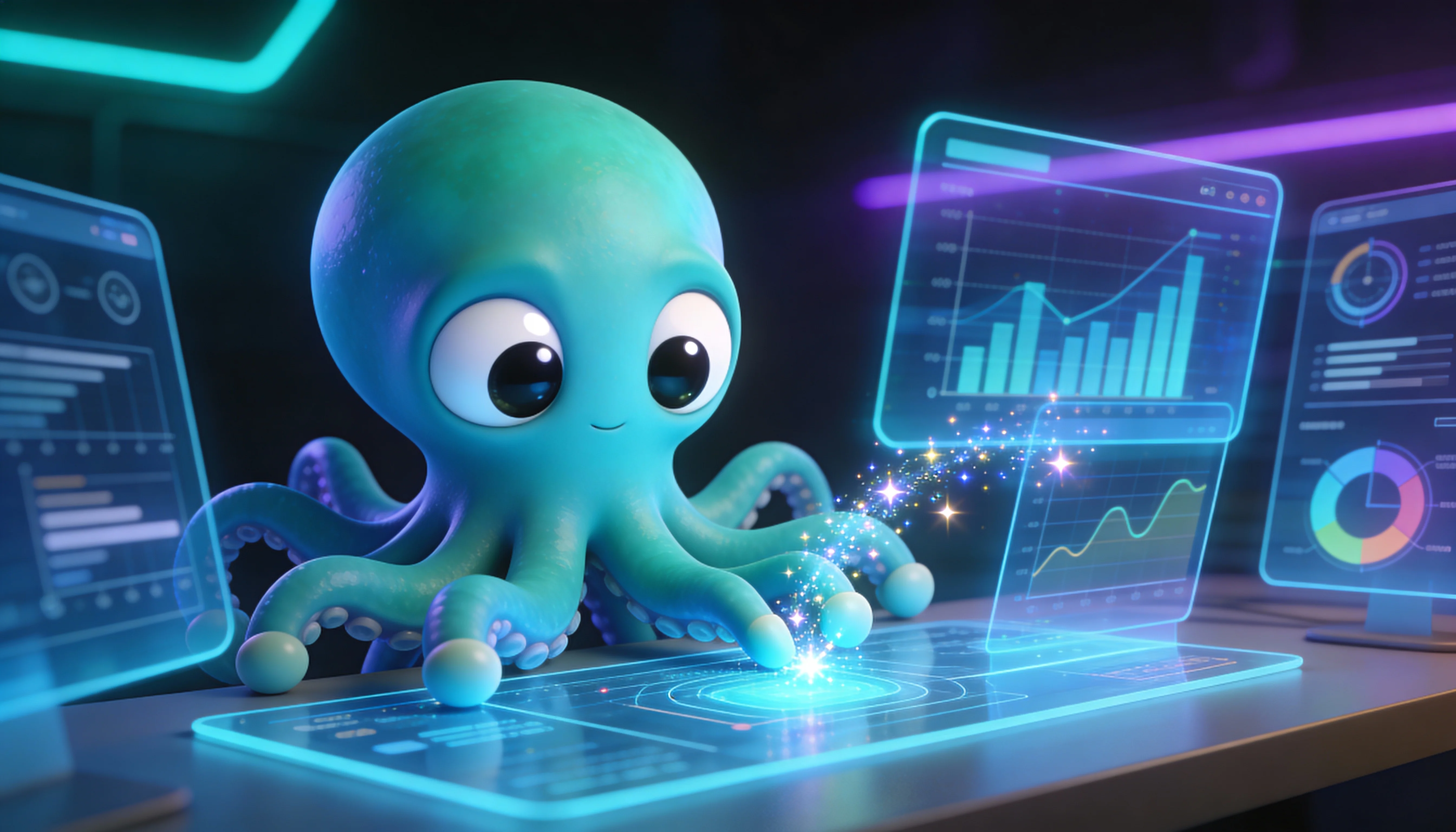 Октавио генерирует инфографику на футуристической голографической панели