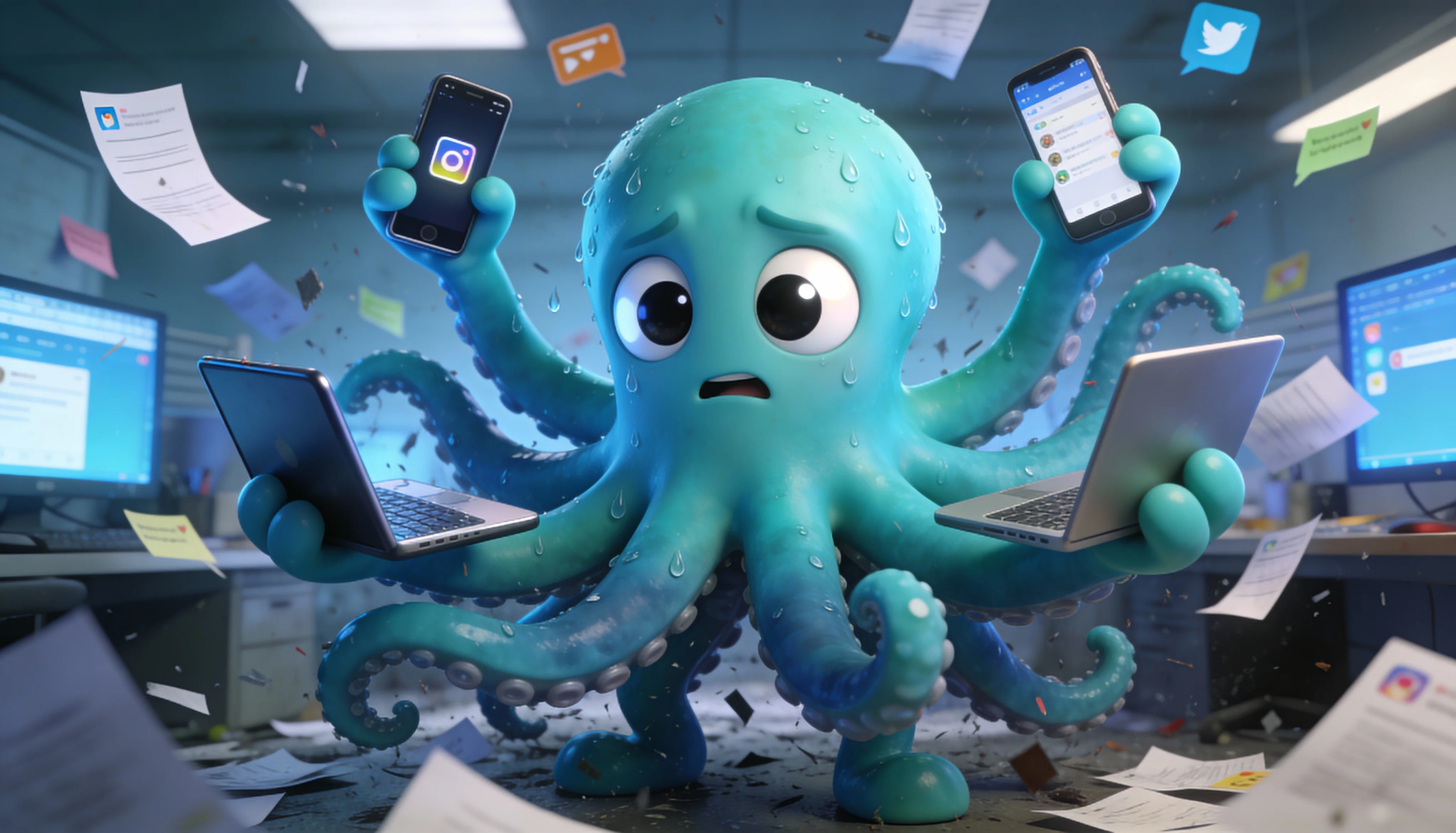 Октавио управляет контент-заводом с множеством экранов и автоматических процессов