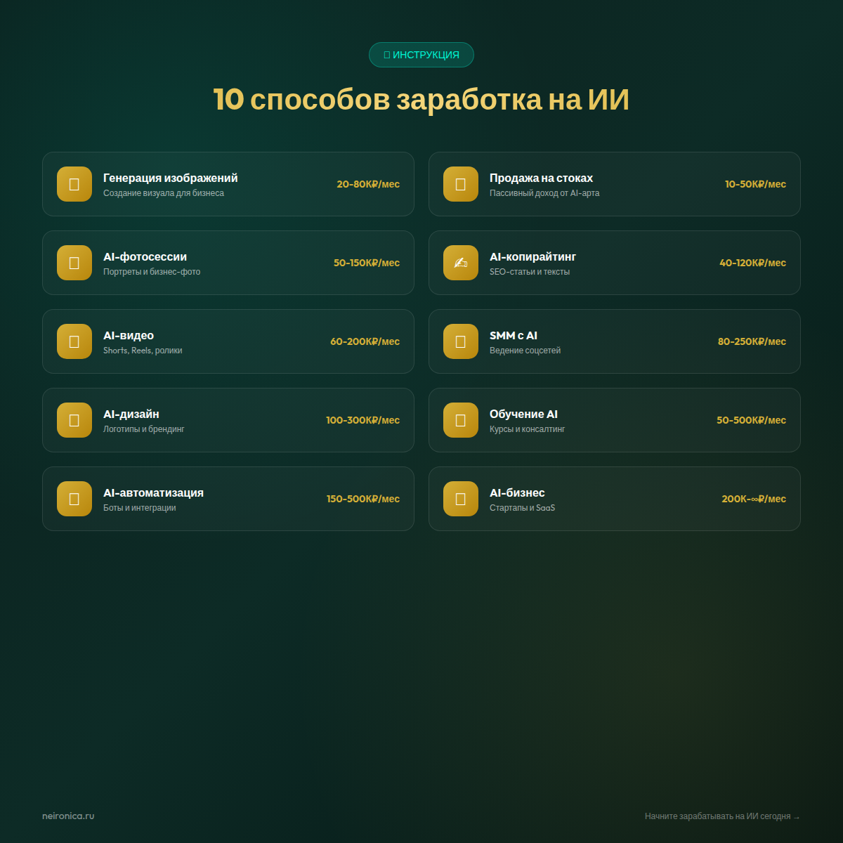 10 способов заработка на ИИ - инфографика