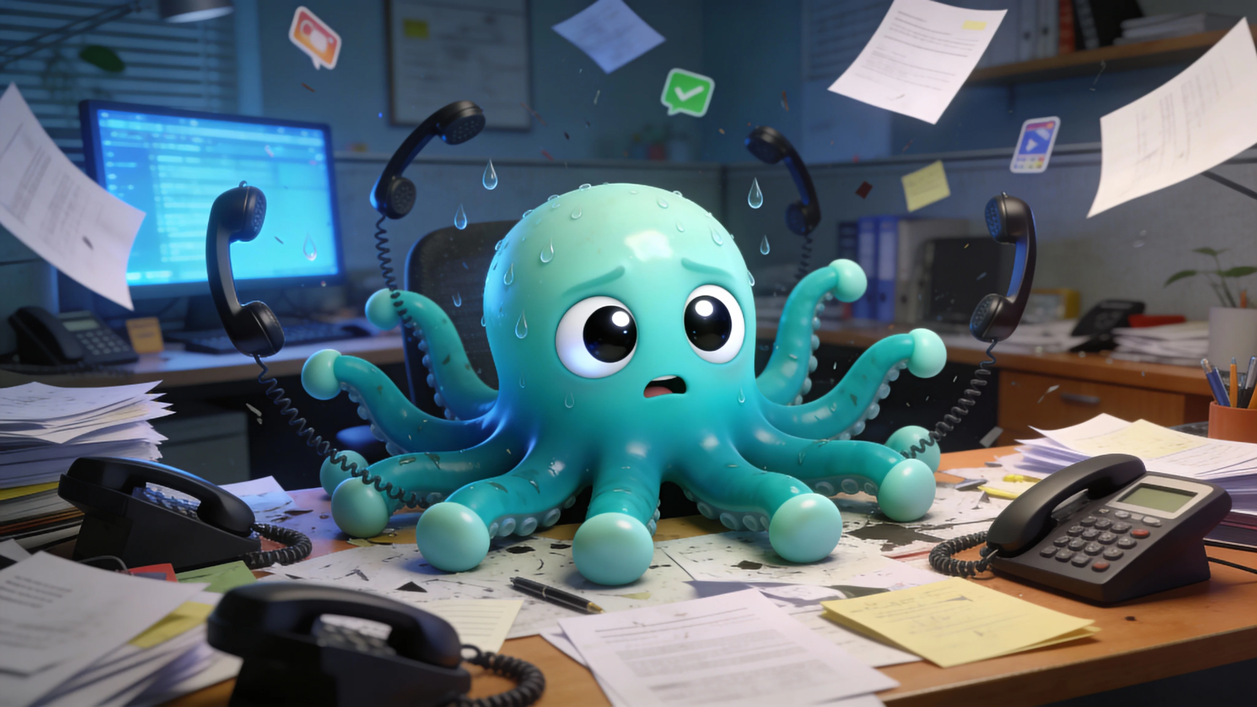Иллюстрация: осьминог утопает в задачах и бумагах, пытаясь создать контент вручную