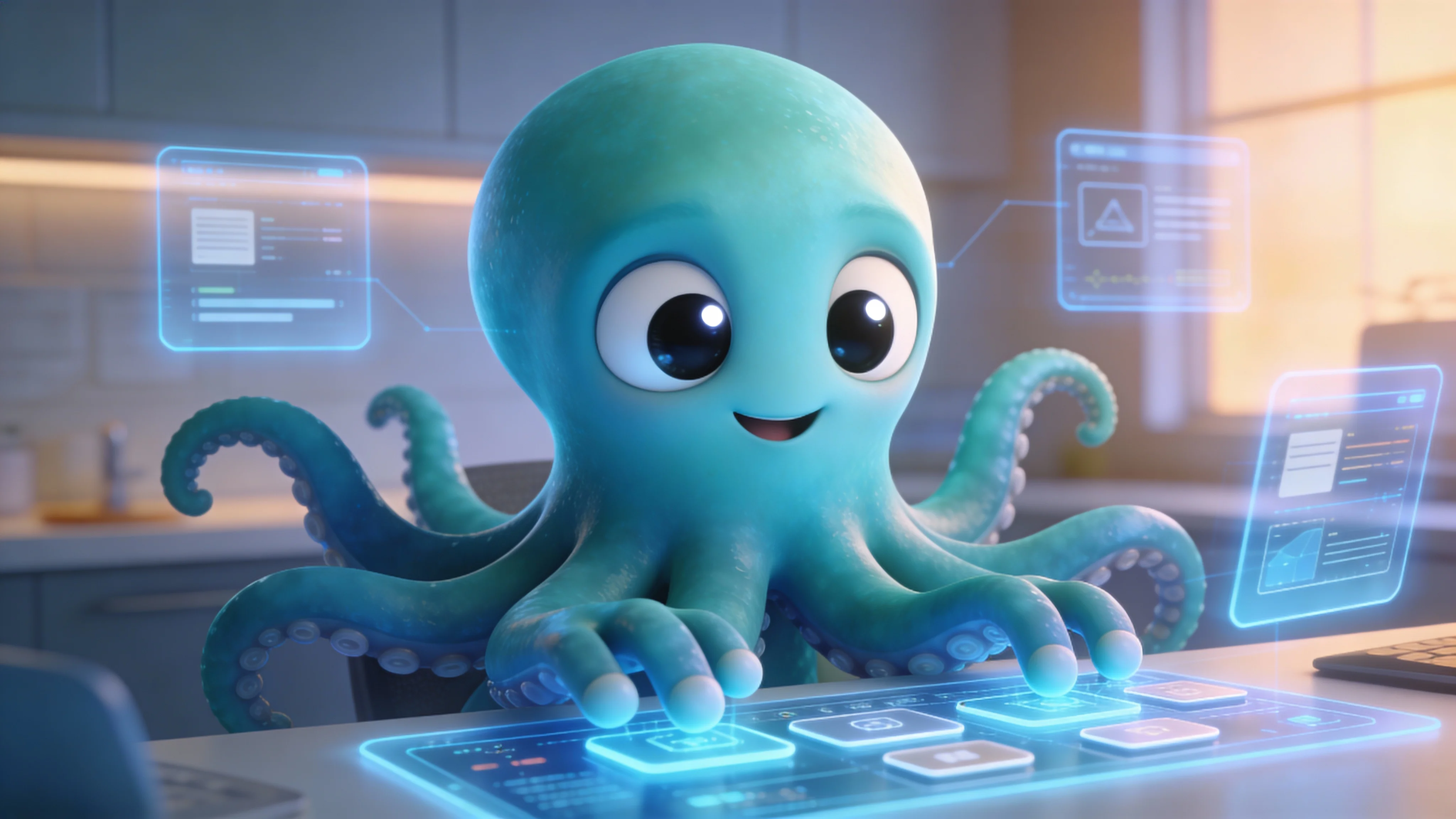 Иллюстрация: осьминог настраивает дашборд автоматизации, вокруг летают голограммы с контентом