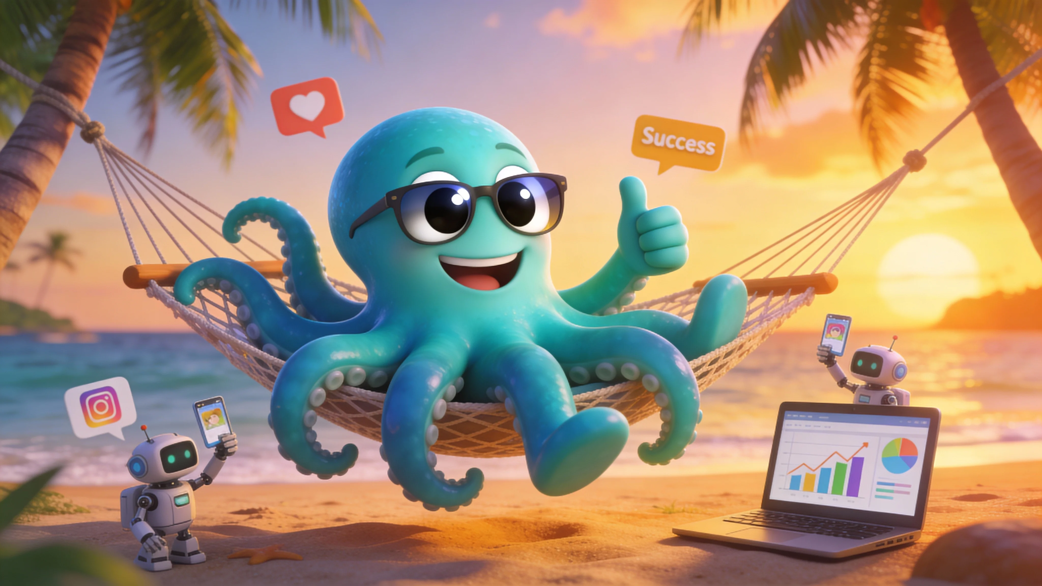 Иллюстрация: осьминог отдыхает в гамаке, пока роботы публикуют контент в соцсети