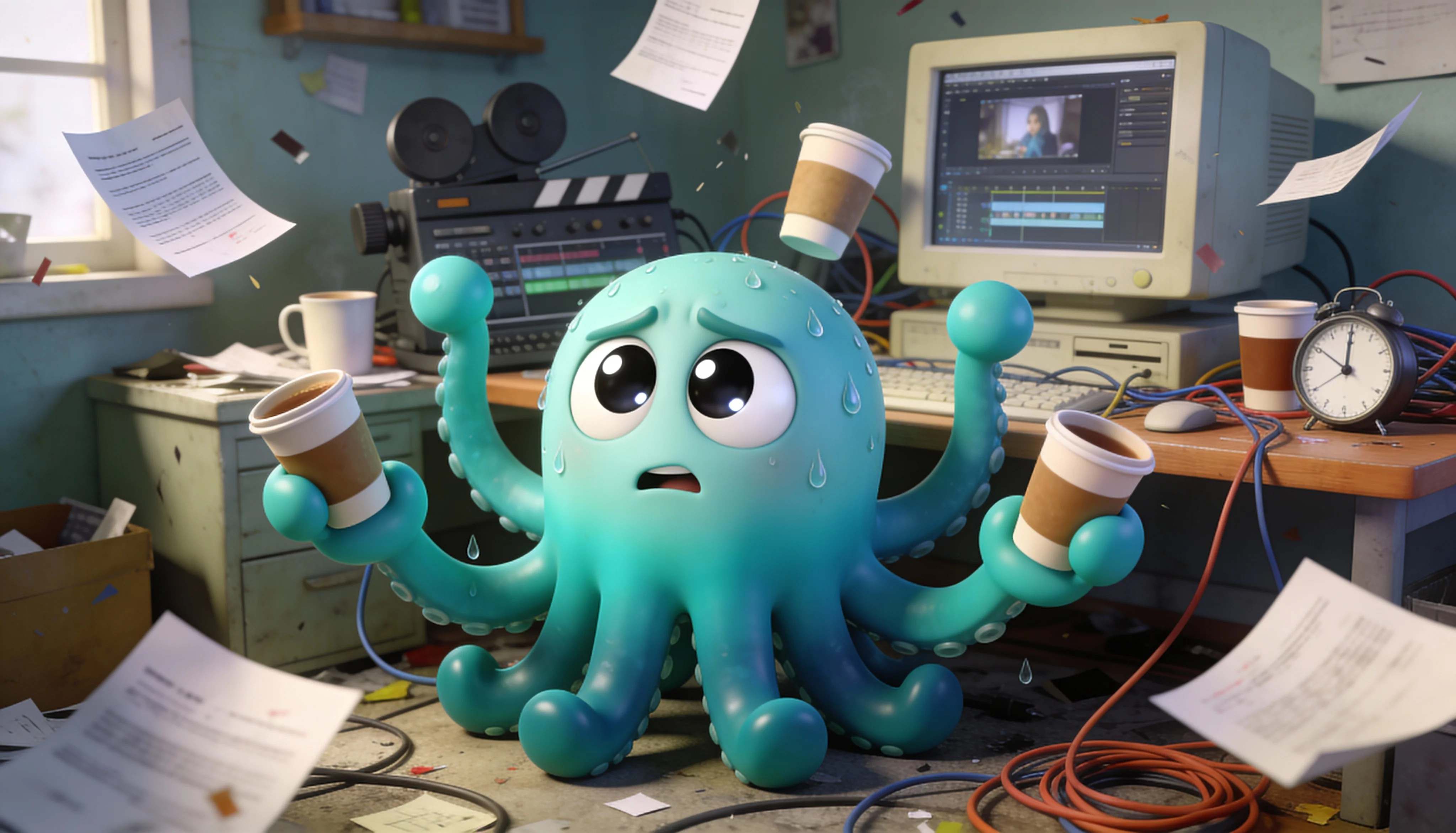 Октавио в стрессе пытается вручную создать видео — множество устройств и хаос