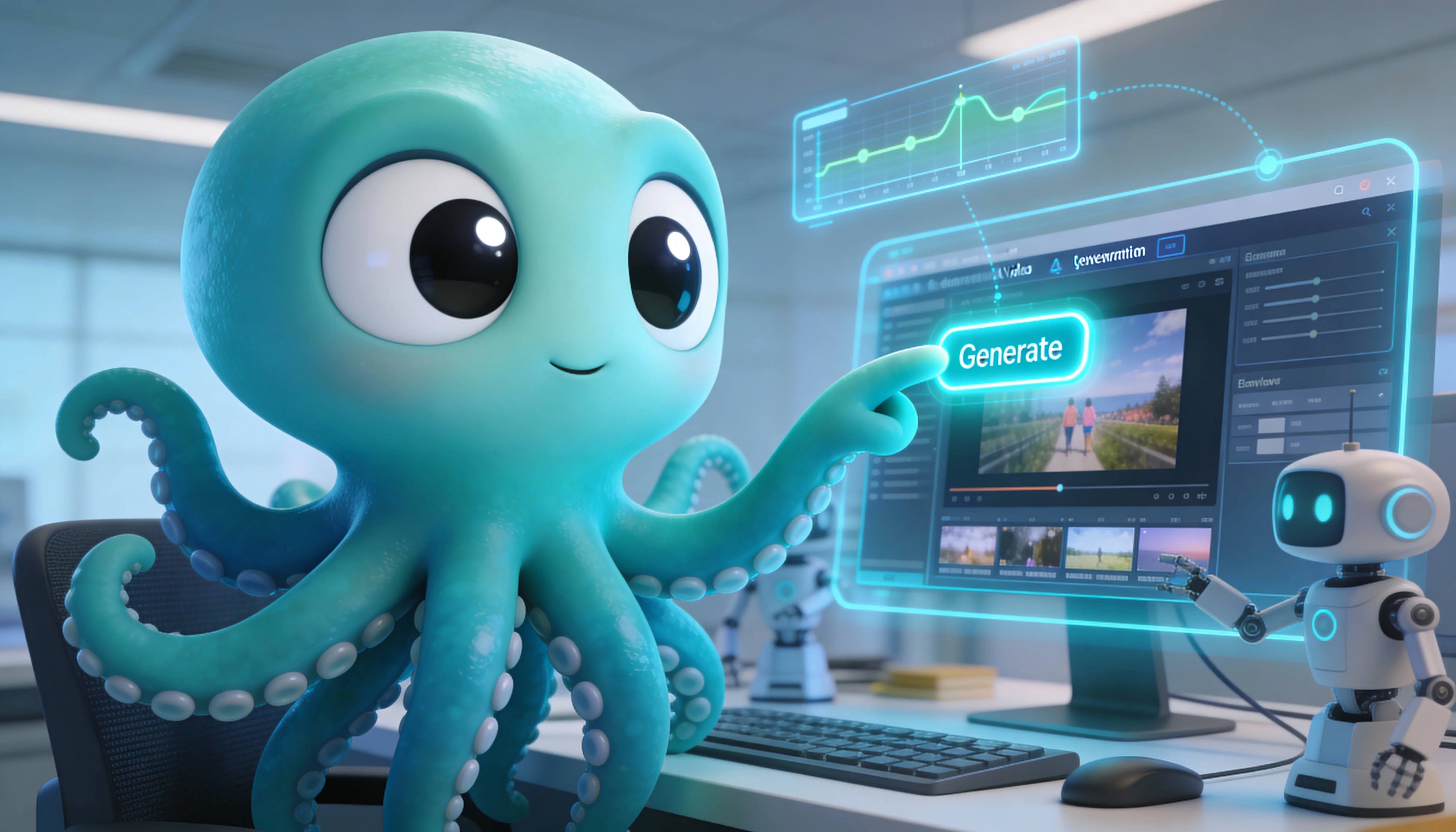 Октавио настраивает AI генерацию видео в футуристическом интерфейсе