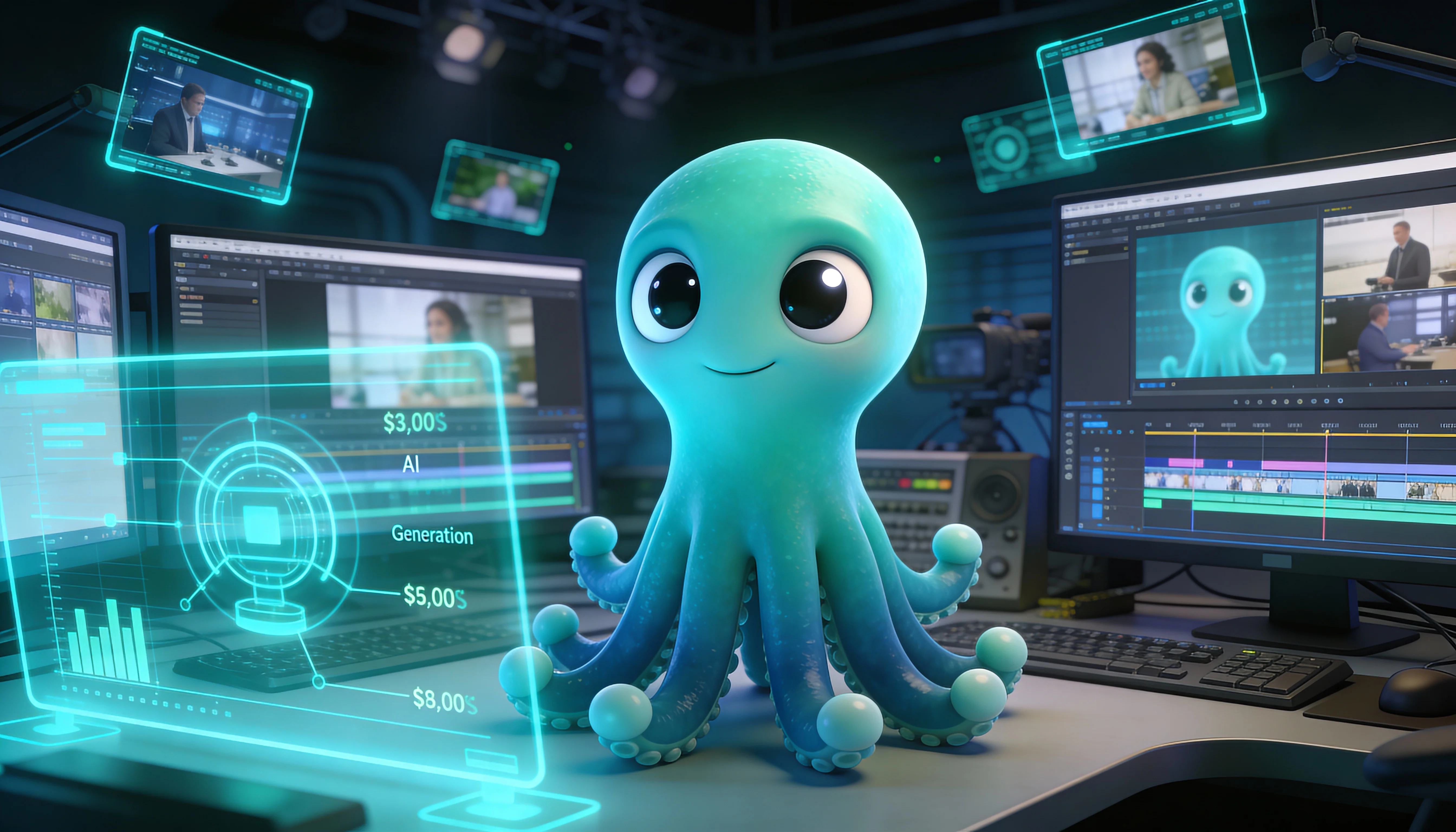 Grok Video генерация — Октавио в футуристической видео студии с AI