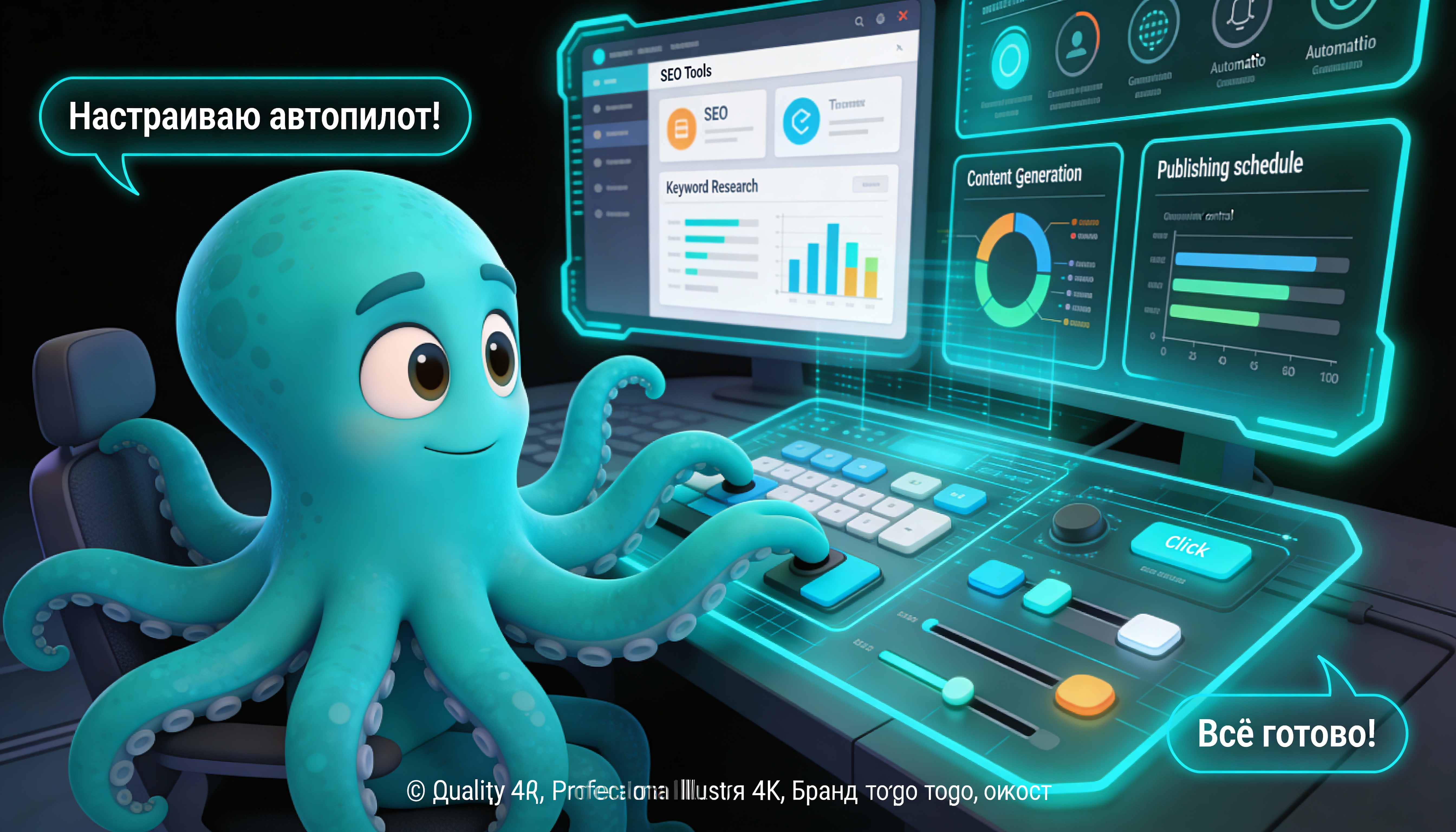 Осьминог настраивает автоматизацию публикации SEO статей на футуристической панели управления