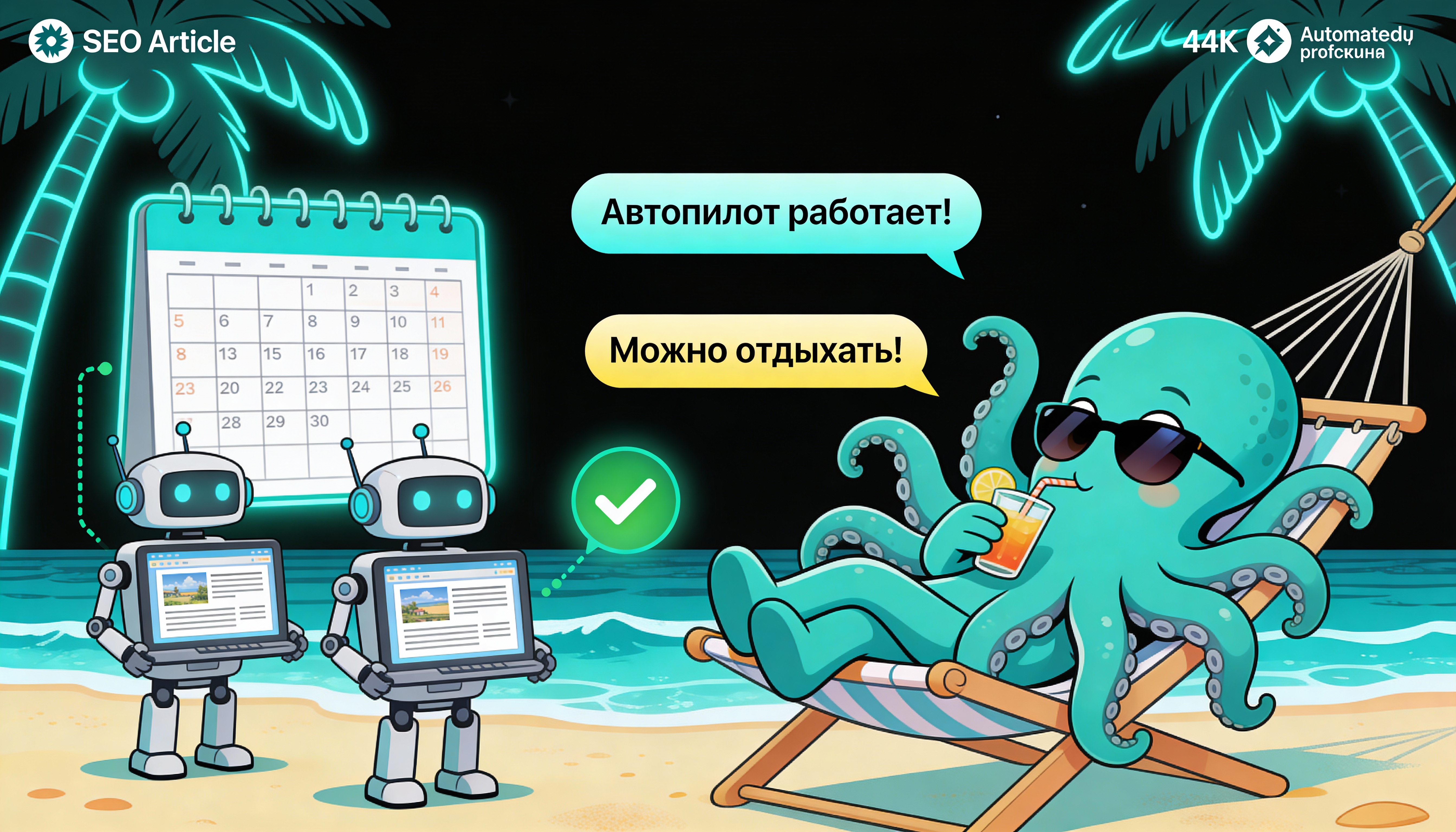 Осьминог отдыхает на пляже, пока роботы создают и публикуют SEO статьи