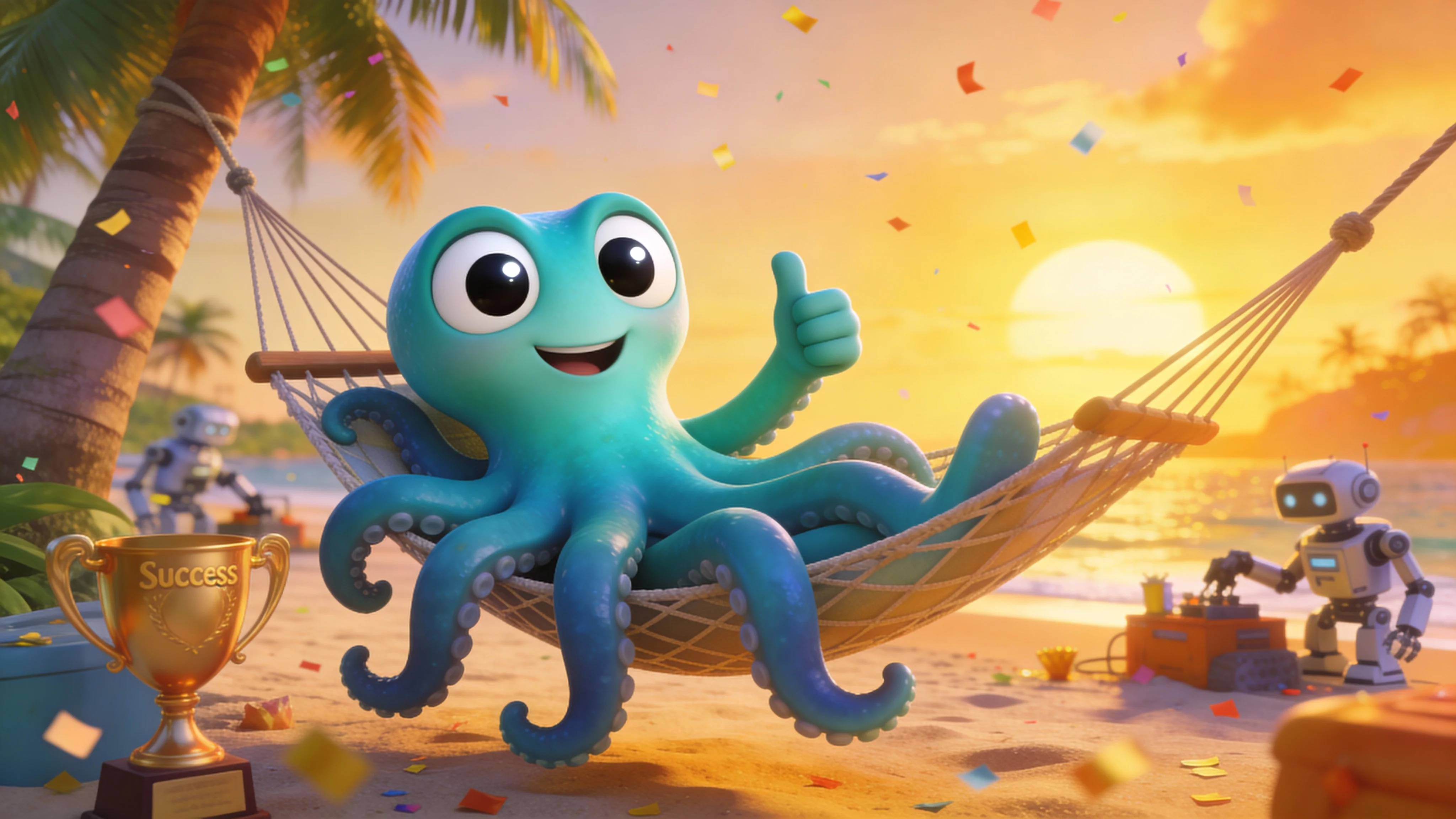 Осьминог празднует успех созданной презентации