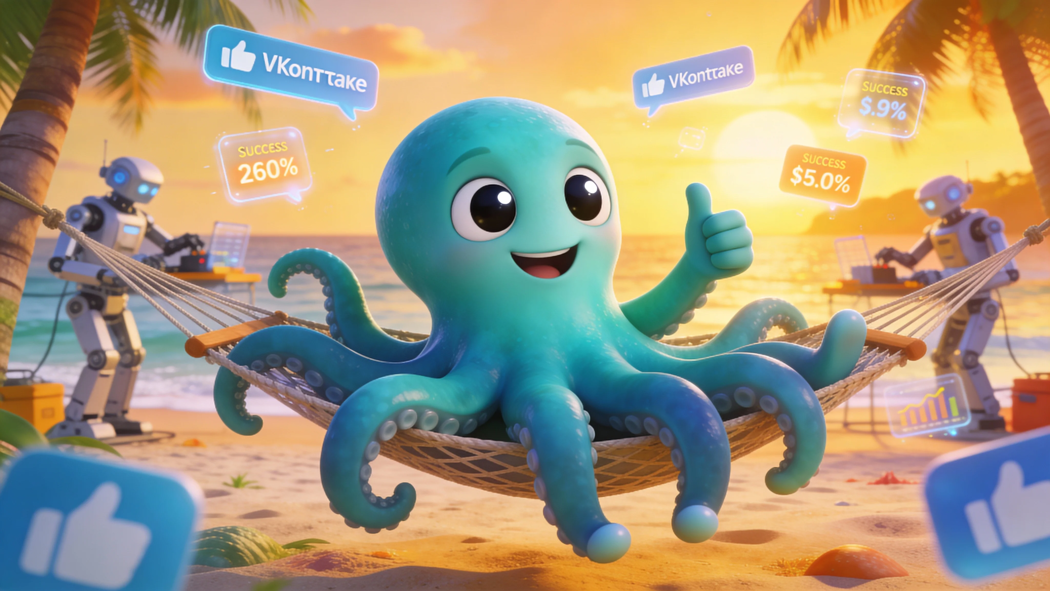 Осьминог празднует успех своей группы ВКонтакте