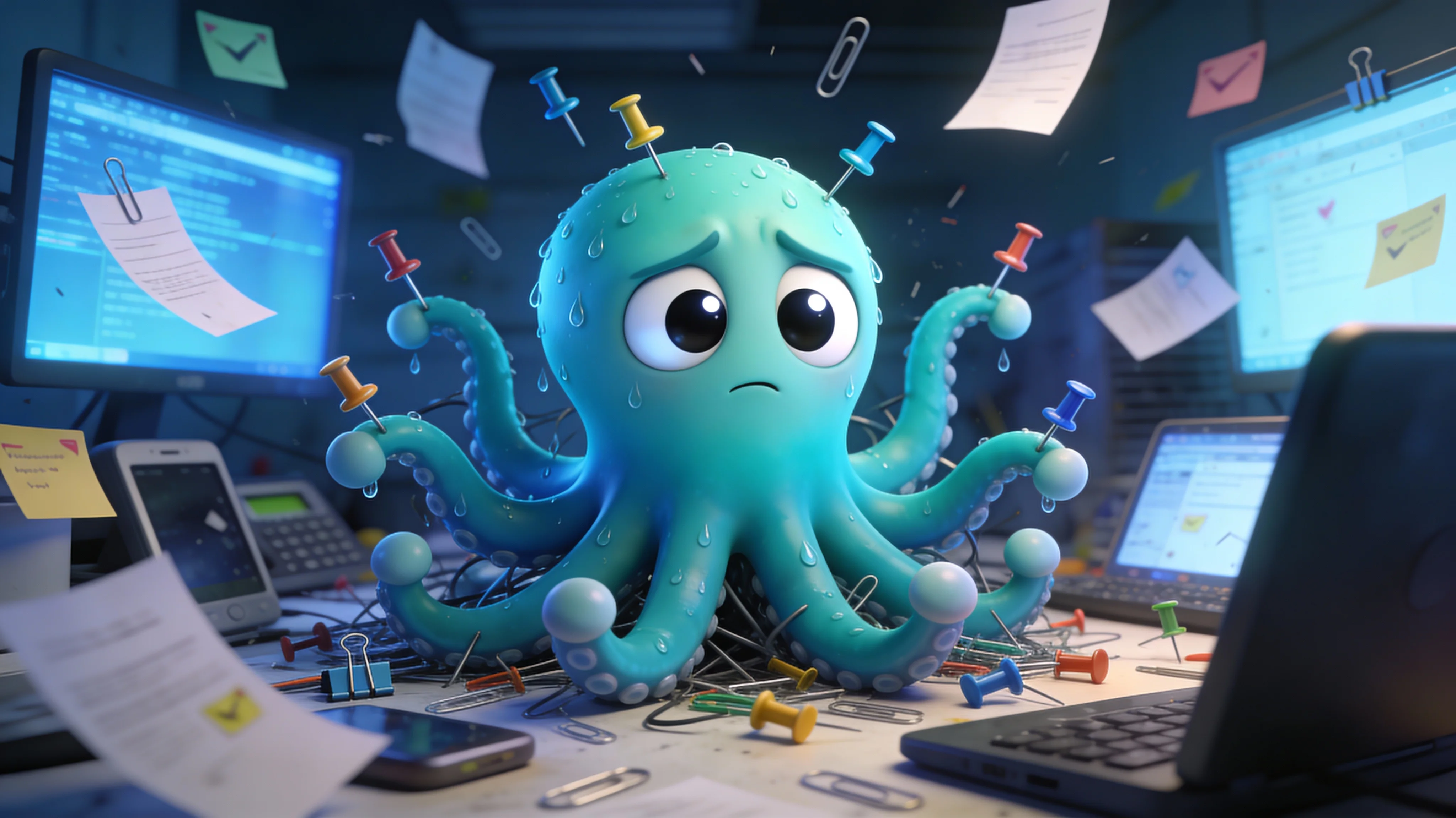 Осьминог в стрессе от множества задач по созданию пинов для Pinterest