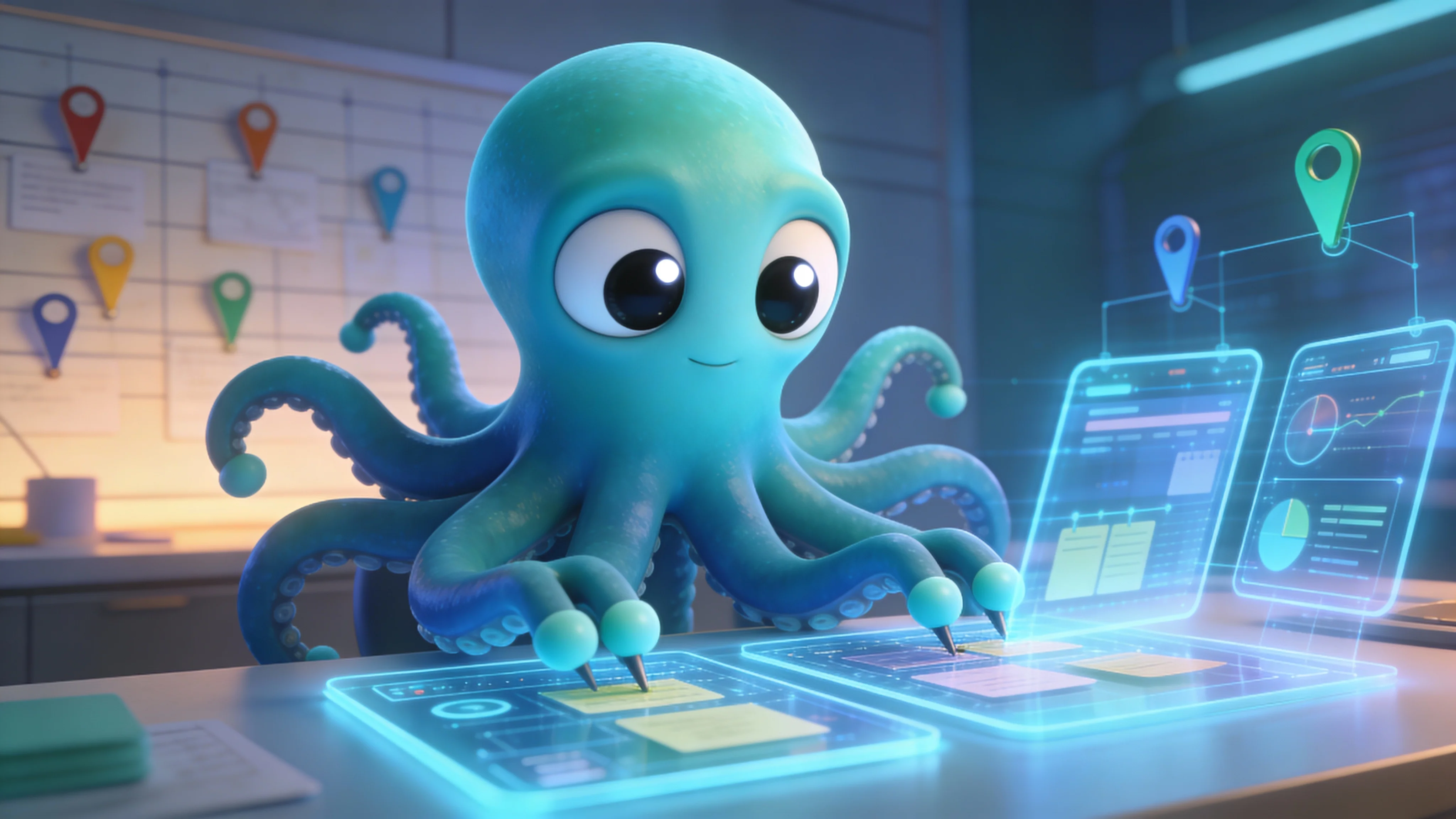 Осьминог настраивает автоматизацию канала Pinterest на футуристической панели управления