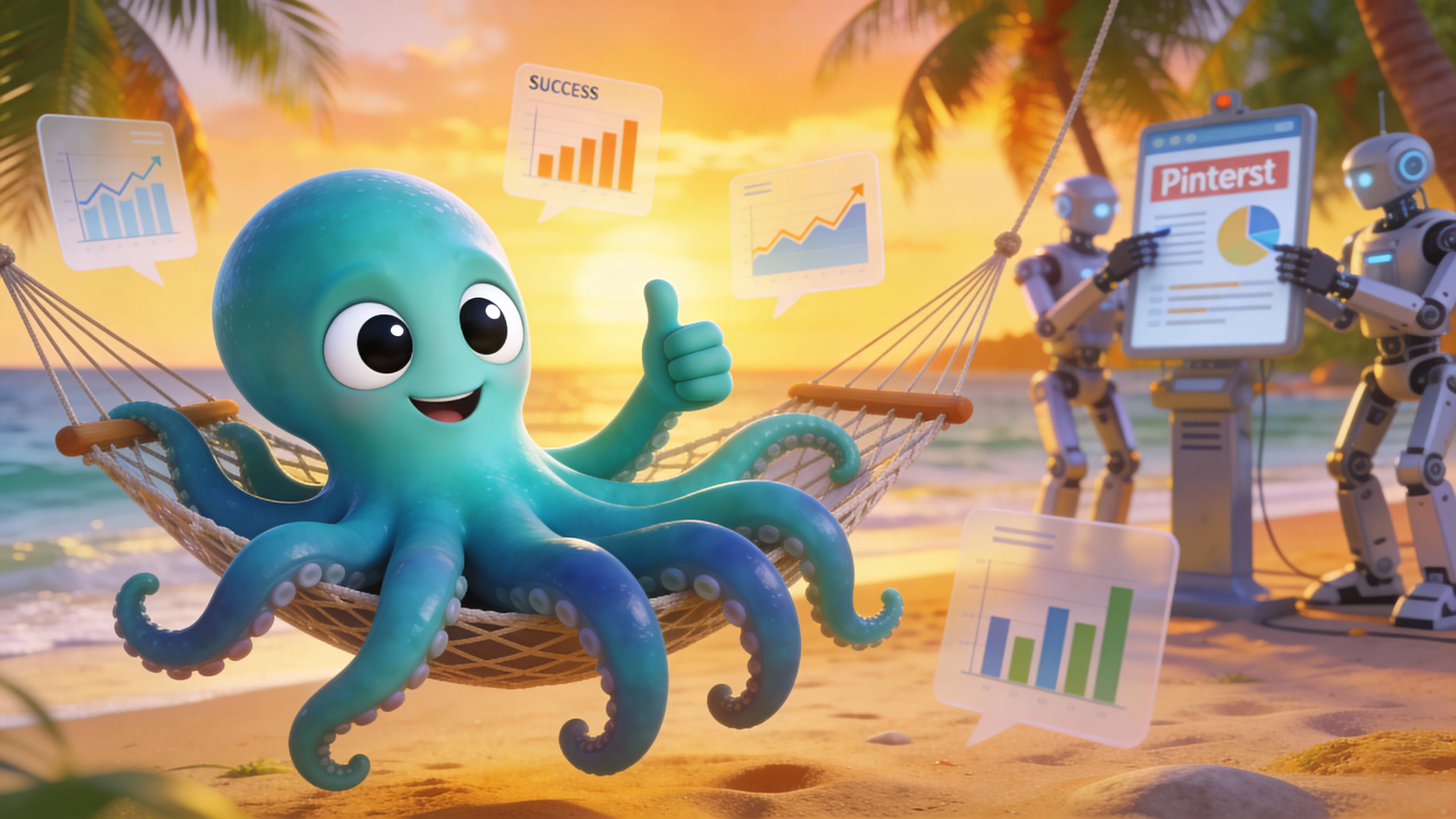 Осьминог отдыхает на пляже, пока роботы создают и публикуют пины в Pinterest