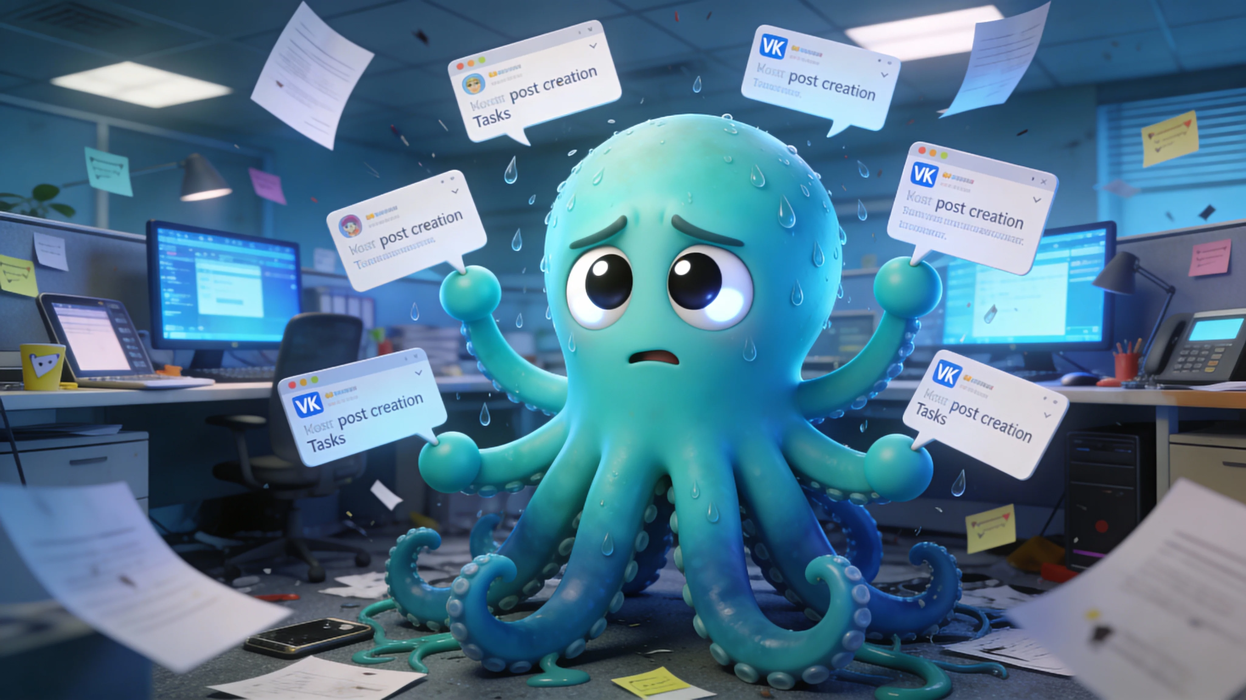 Осьминог в стрессе от множества задач по ведению канала ВКонтакте