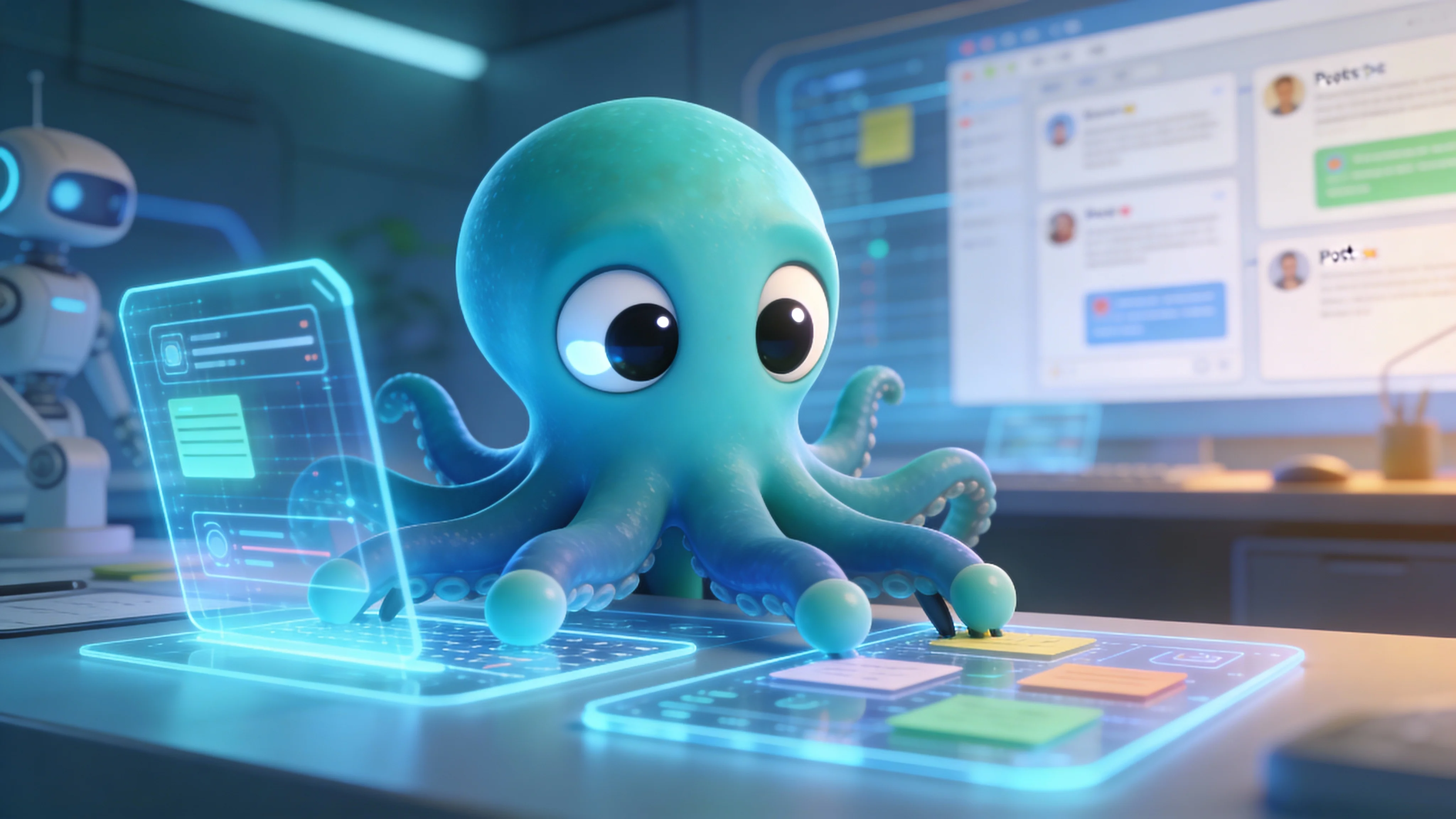 Осьминог настраивает автоматизацию канала ВКонтакте на футуристической панели управления