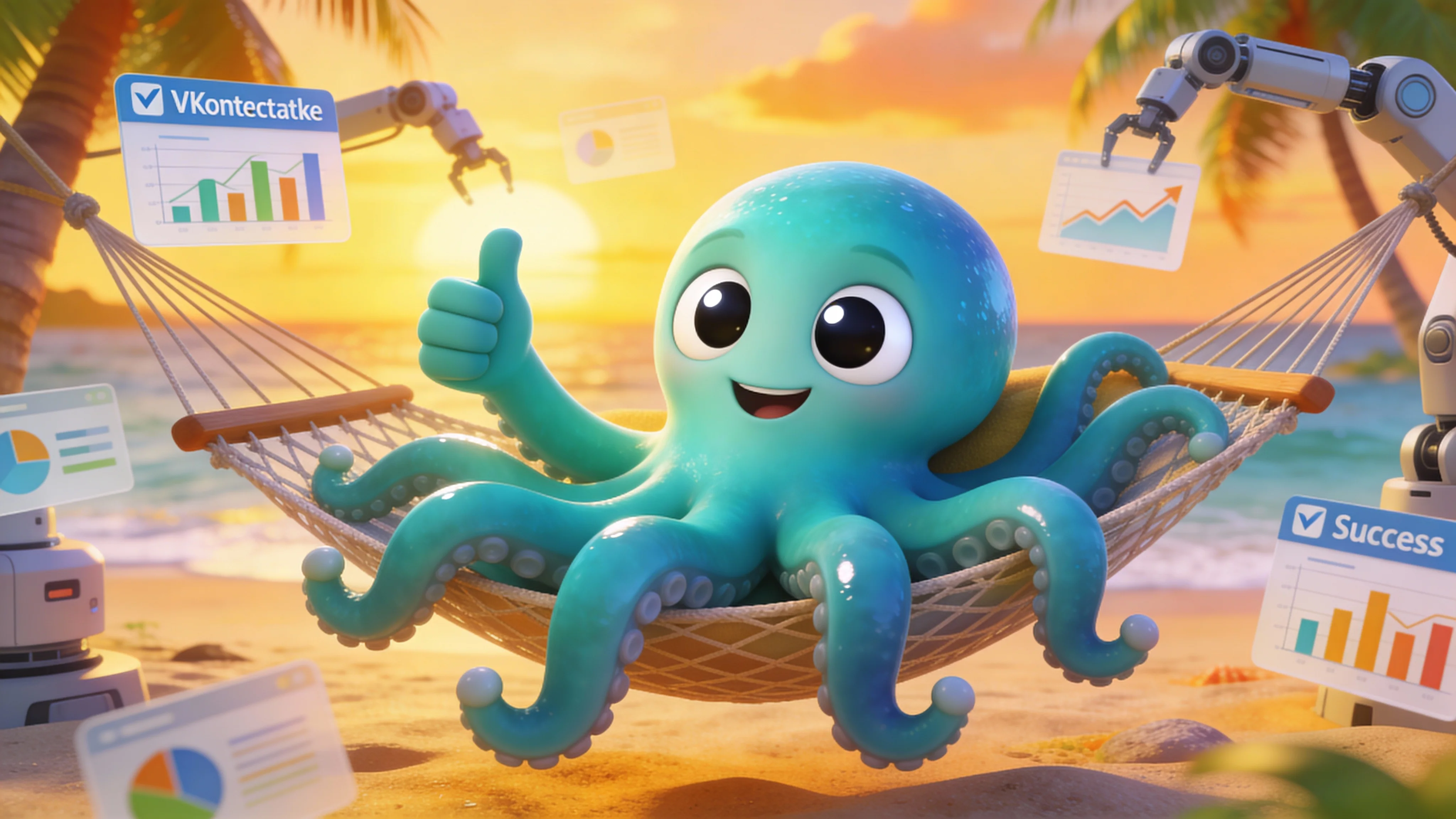 Осьминог отдыхает на пляже, пока роботы создают и публикуют контент во ВКонтакте