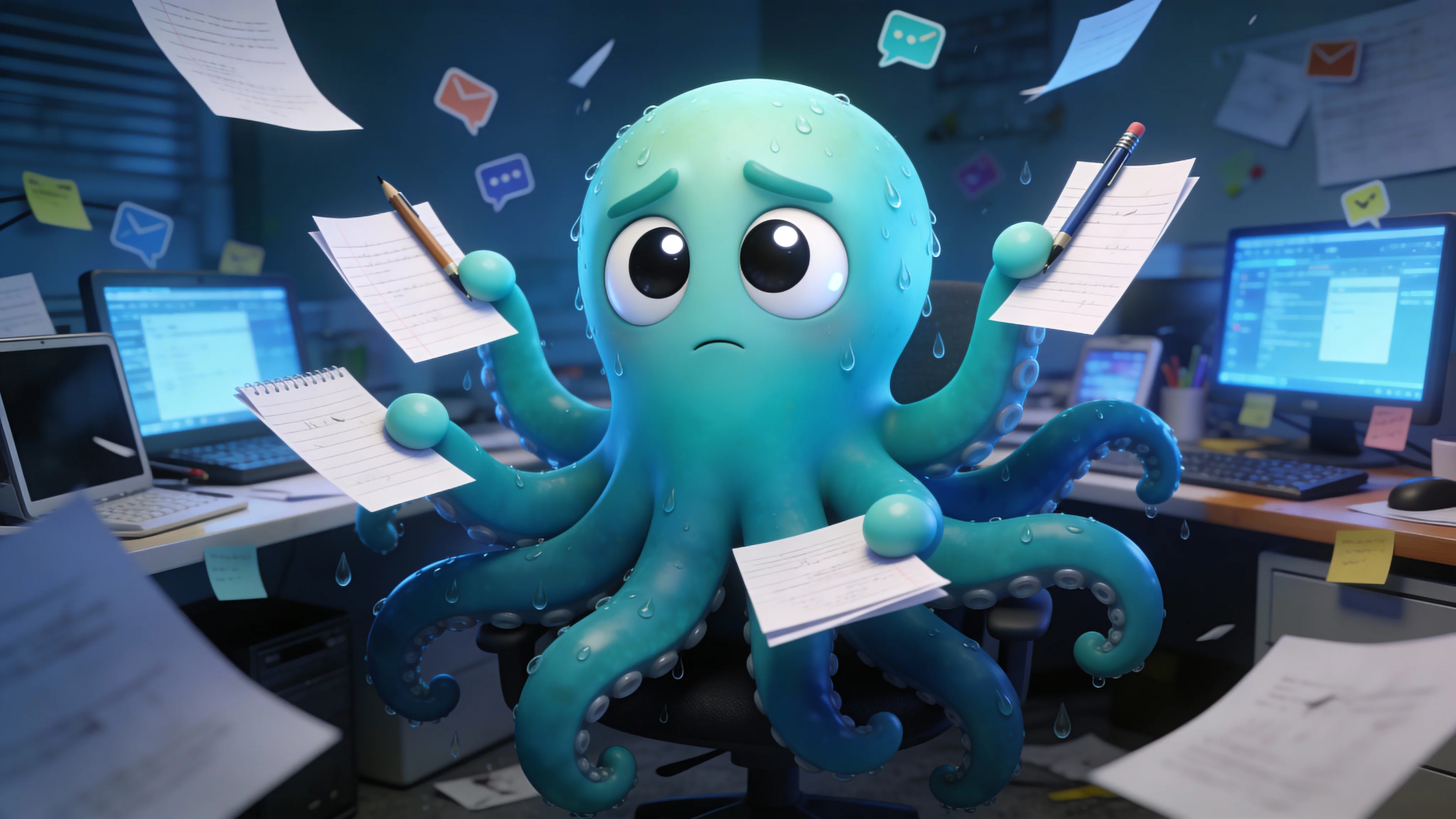 Осьминог в стрессе от множества задач по написанию статей для Яндекс Дзен