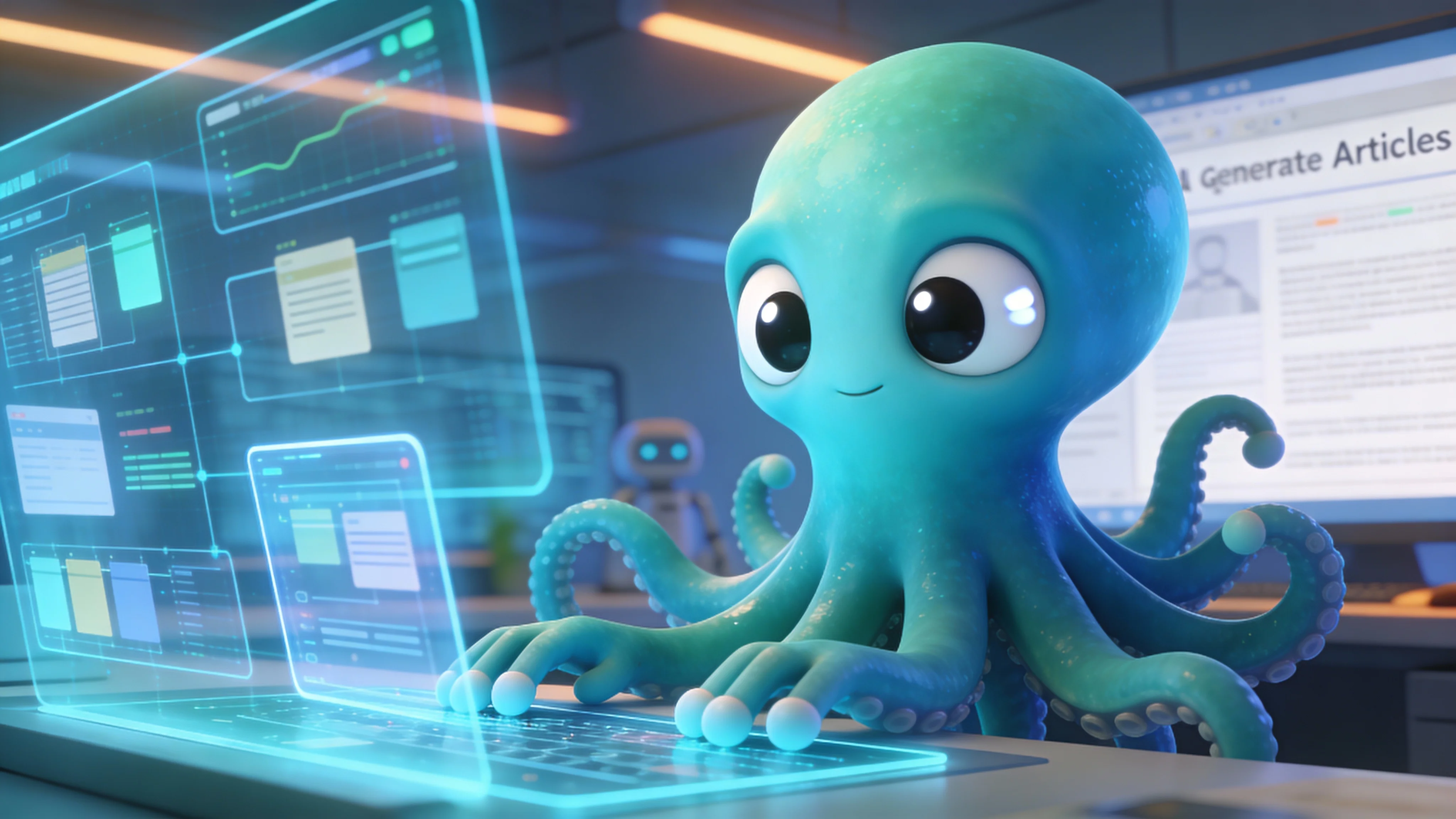 Осьминог настраивает автоматизацию канала Яндекс Дзен на футуристической панели управления