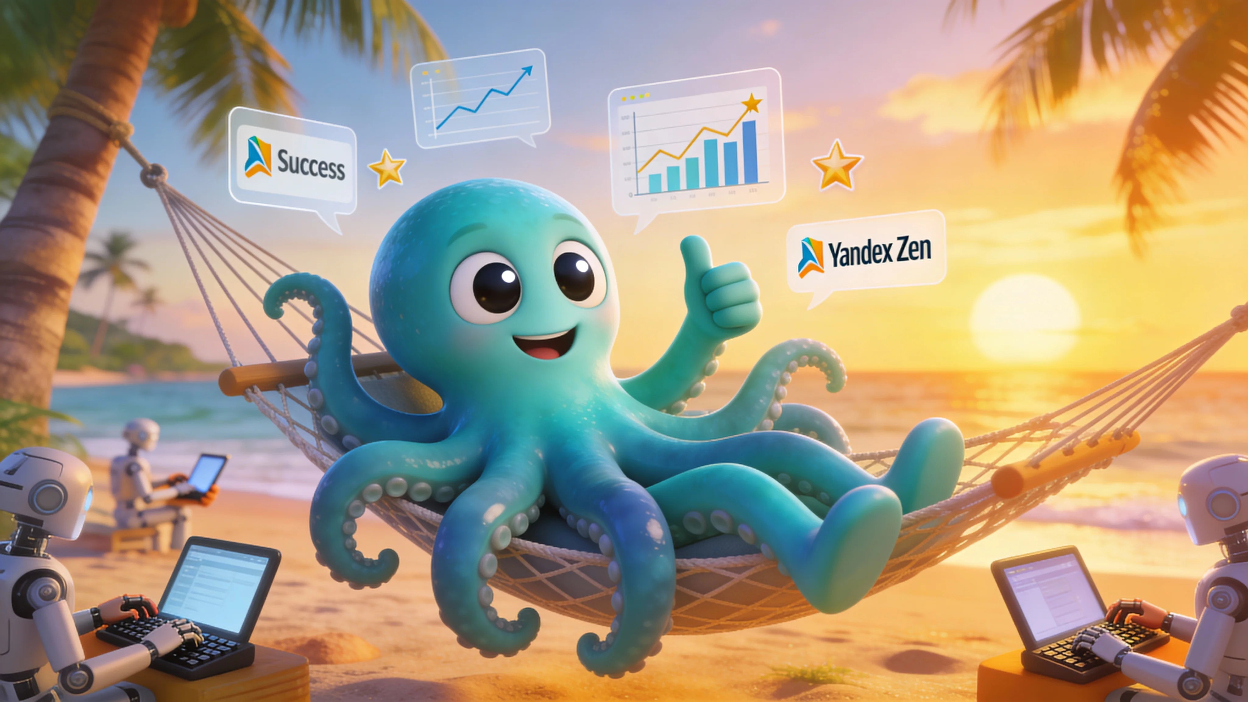 Осьминог отдыхает на пляже, пока роботы создают и публикуют статьи в Яндекс Дзен