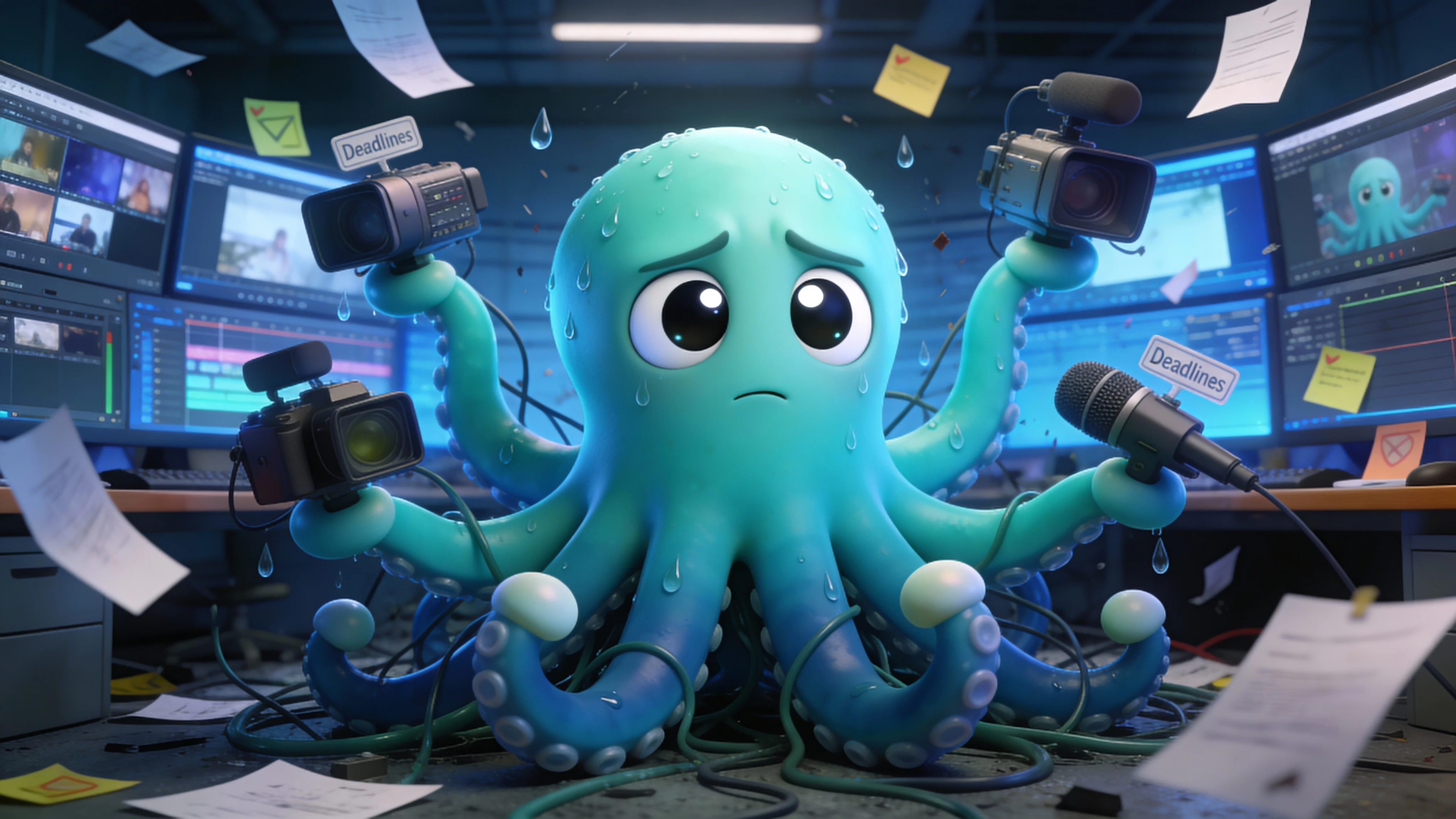 Осьминог в стрессе от множества задач по созданию видео