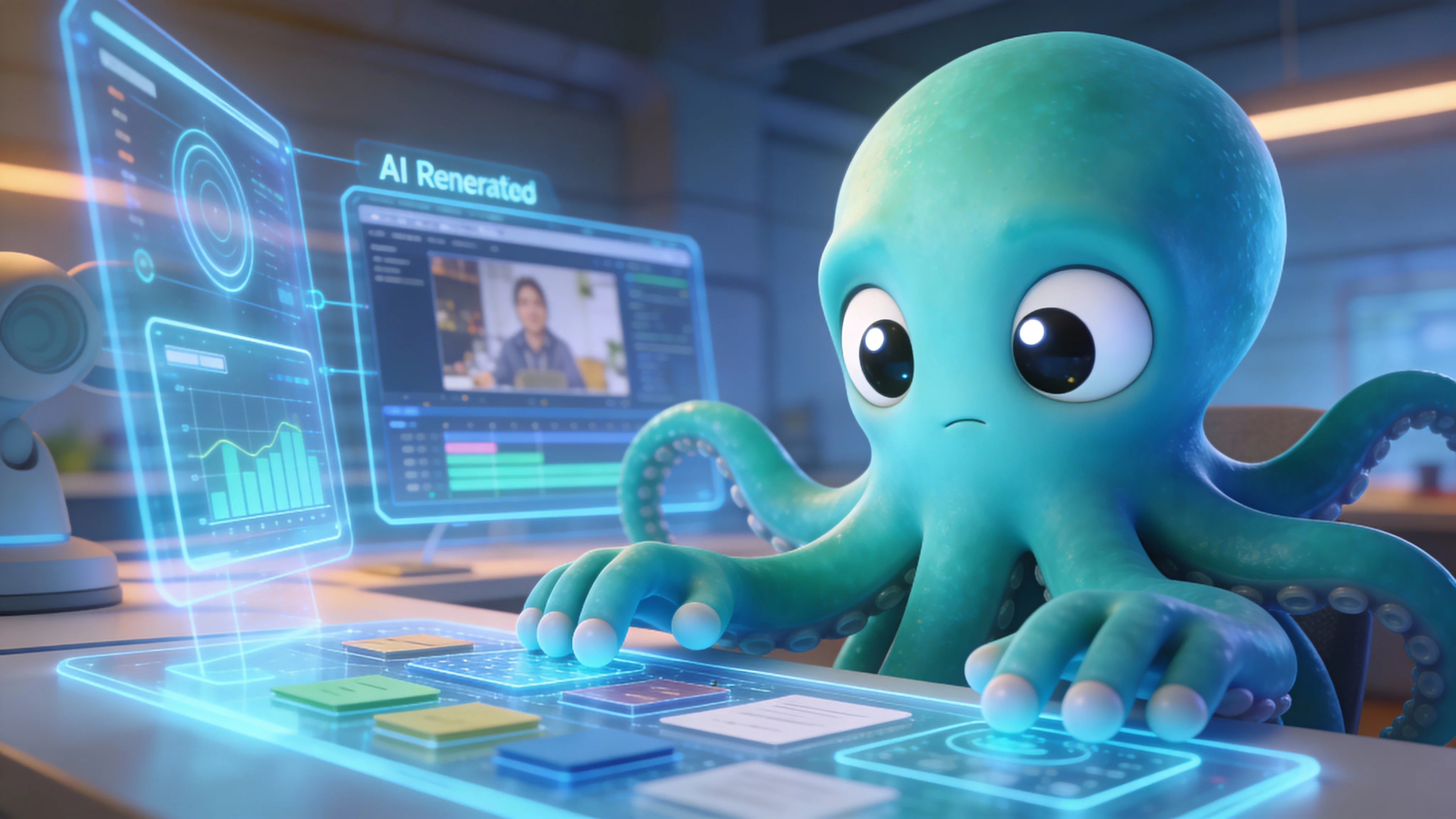 Осьминог настраивает автоматизацию YouTube канала на футуристической панели управления