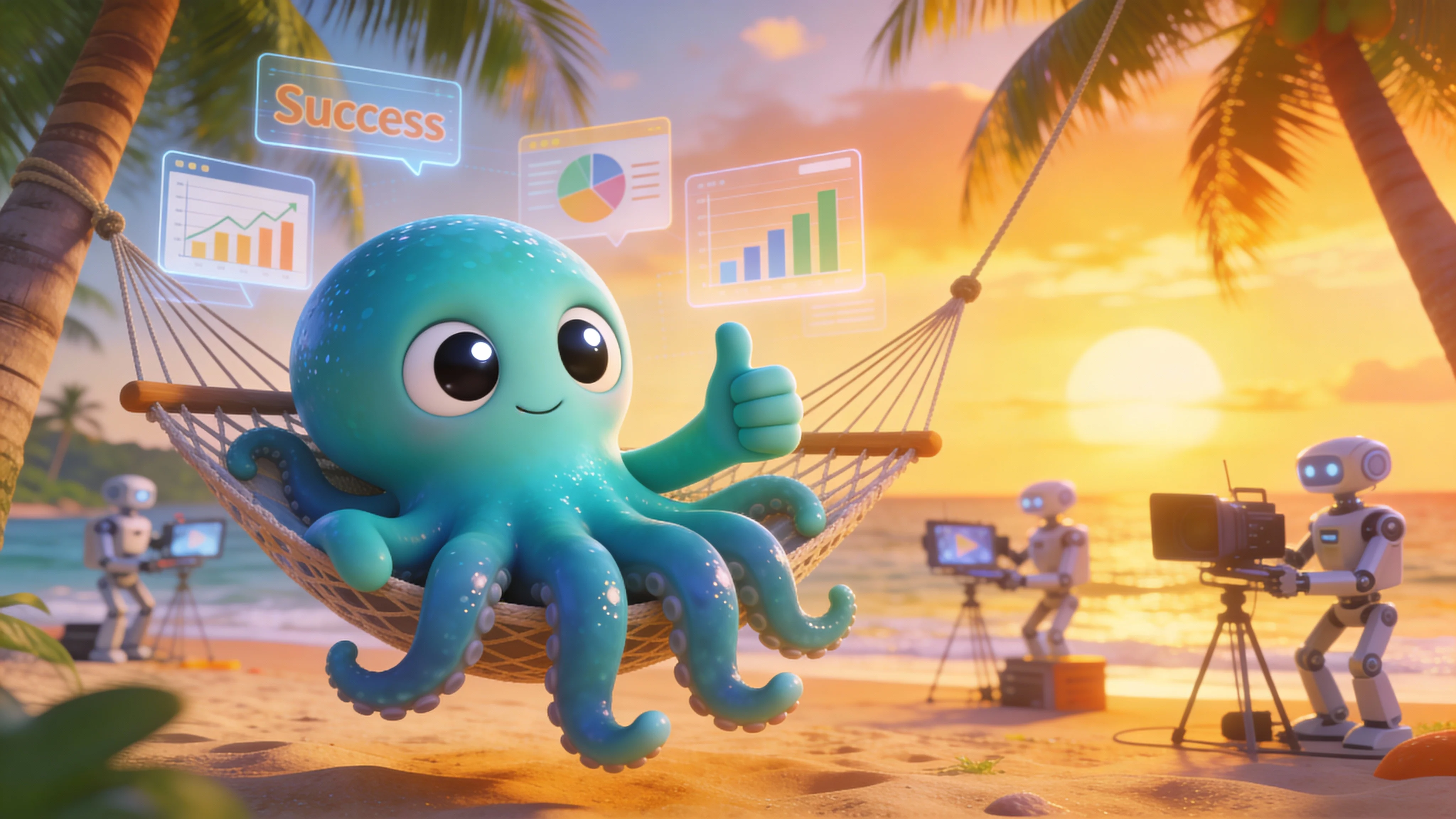 Осьминог отдыхает на пляже, пока роботы создают и публикуют видео