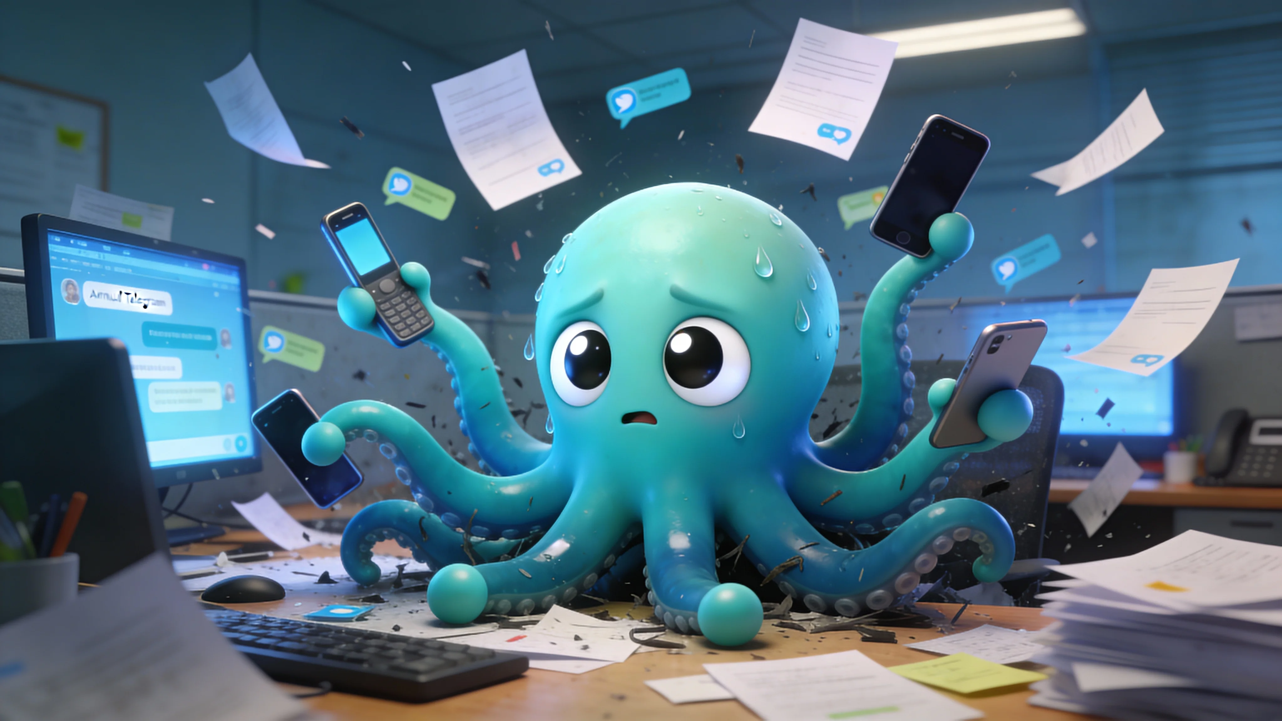 Иллюстрация: осьминог утопает в рутинных задачах ведения Telegram-канала вручную