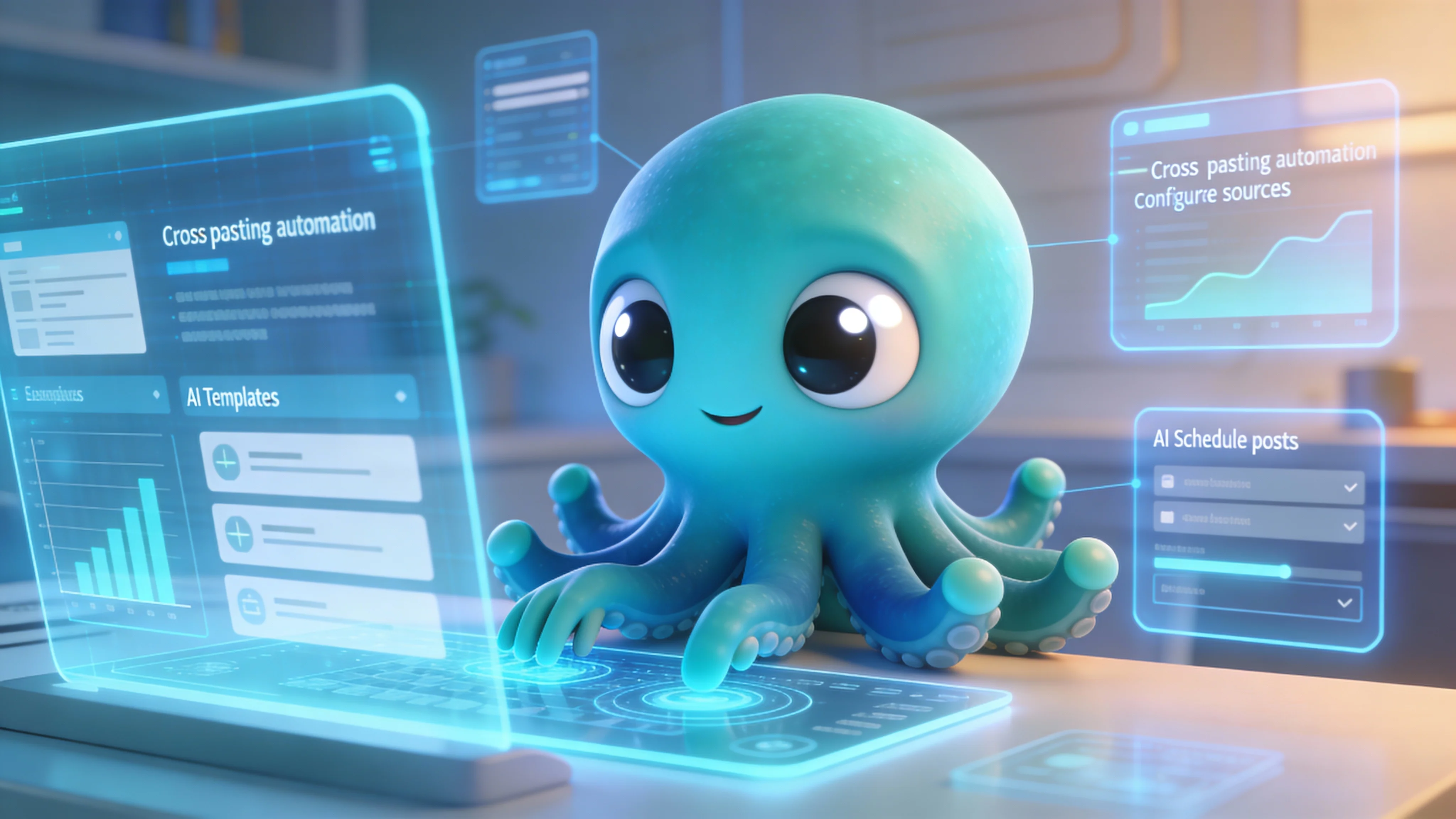 Иллюстрация: осьминог настраивает кросспостинг и планирование публикаций
