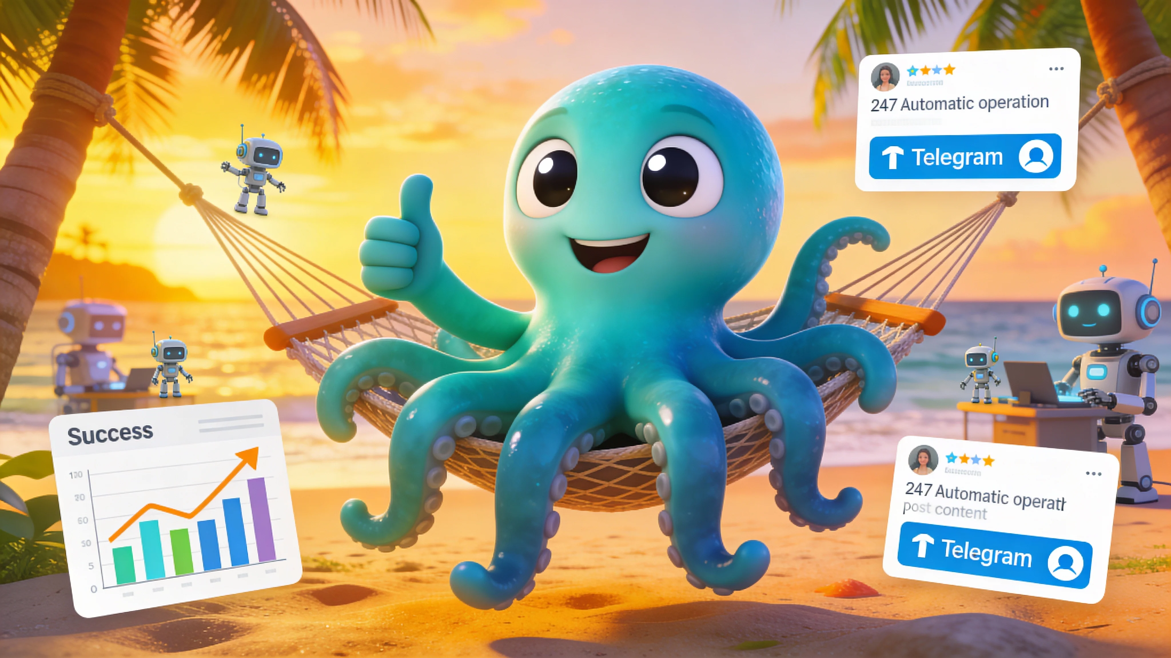 Иллюстрация: осьминог с гордостью демонстрирует автоматизированный Telegram-канал