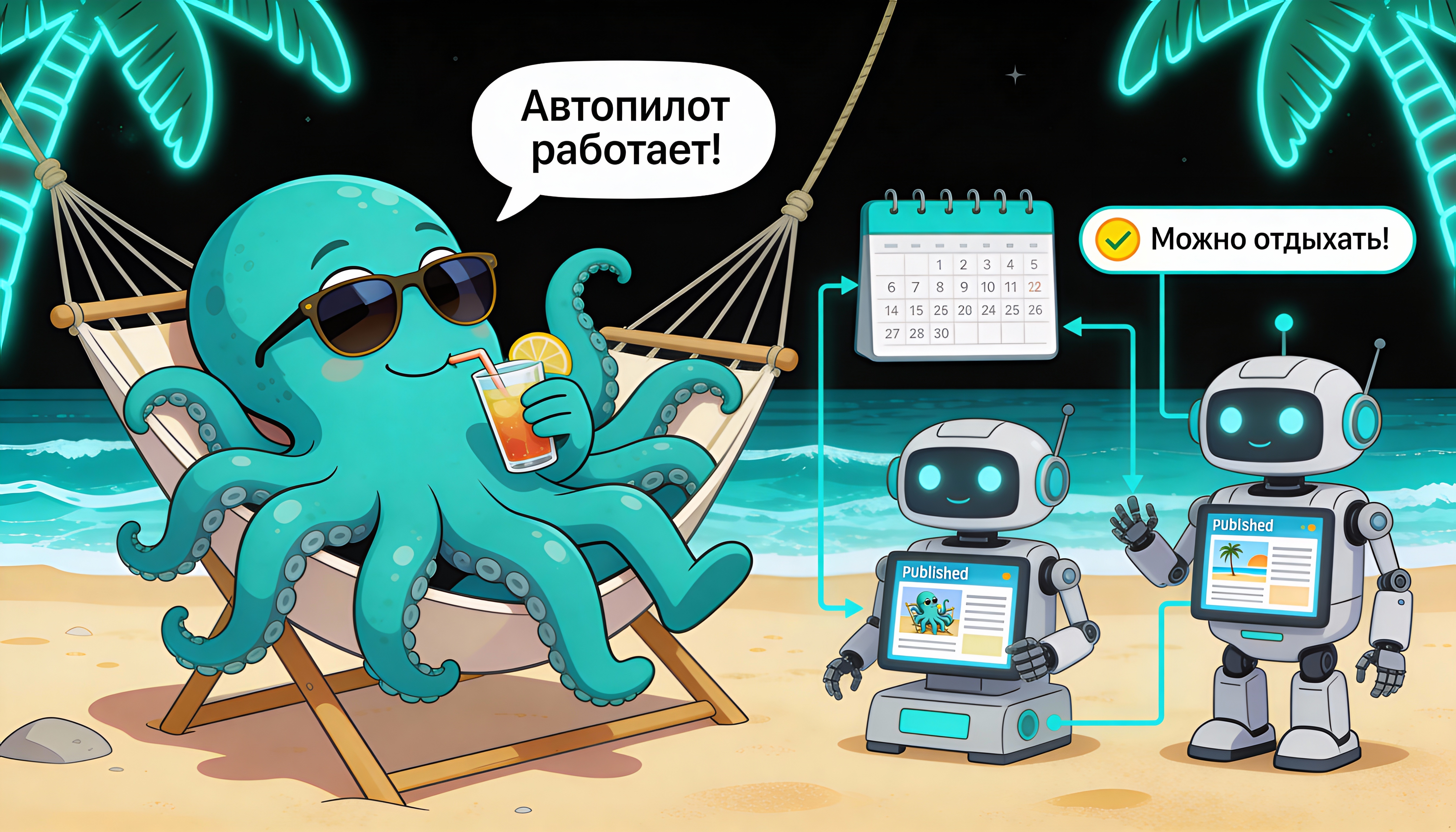 Иллюстрация: Октавио отдыхает, пока контент публикуется автоматически